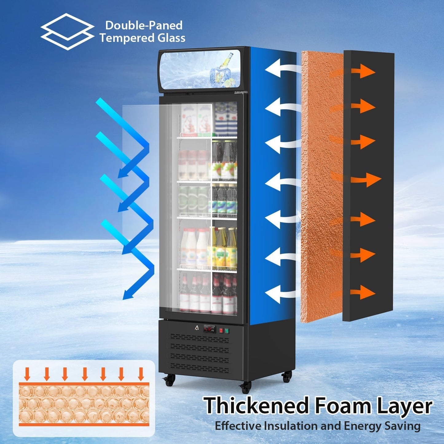 PeacefulHues 17.6 Cu.Ft Commercial Display Refrigerator,Glass Door Beverage Cooler with Adjustable Shelves,LED Lighting & Advertising Panel, Mobile Design