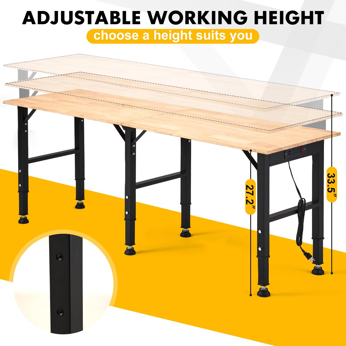 OLBRUS 68 "Adjustable Workbench with Power Outlet - Work Bench Table Heavy Duty 1500 LBS Load Capacity, Hardwood Work Table for Garage, Workshop, Office, Home