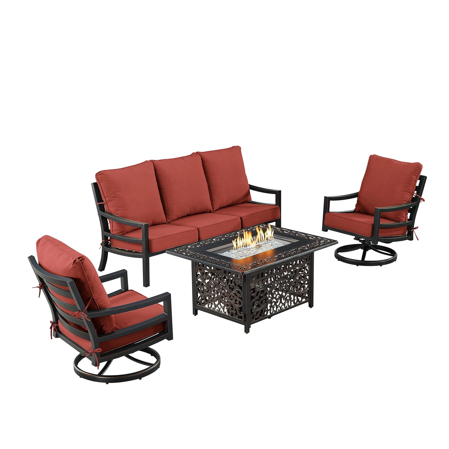 Oakland Living Black Aluminum Patio Fire Table Set with Deep Seating Sofa with Cushions and Two Club Chairs with Red Cushions