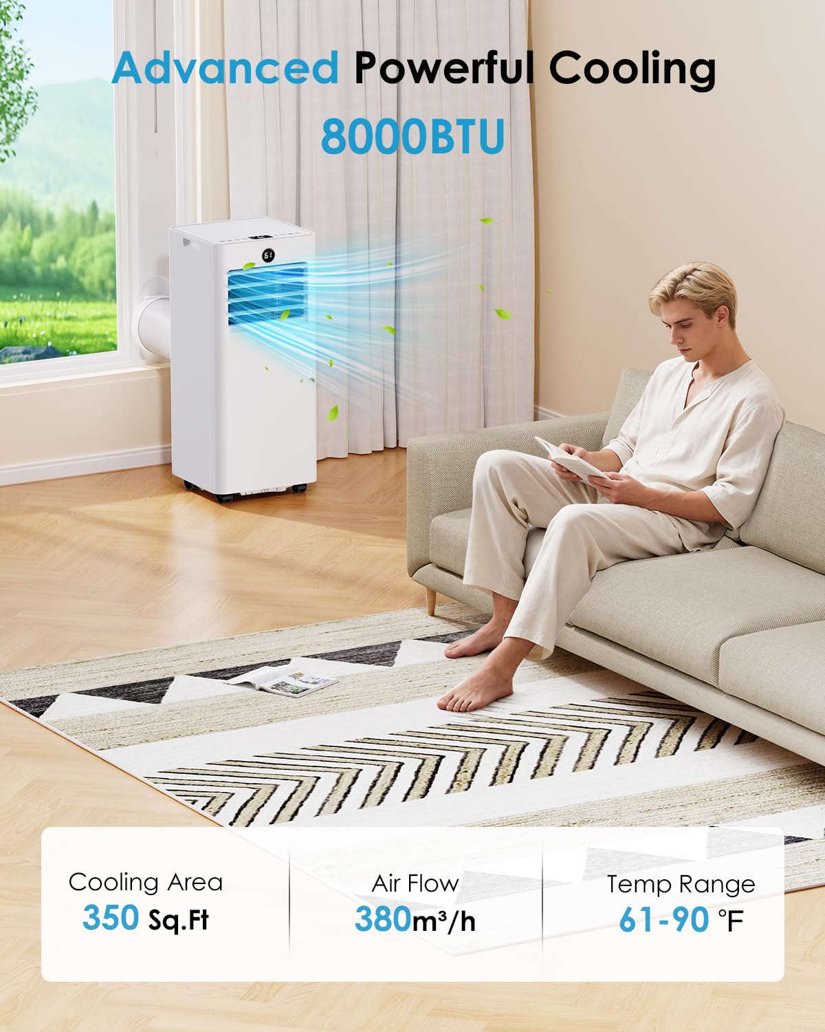 Portable Air Conditioners 8000 BTU, Quiet Air Conditioner with WiFi/App Control, 24H Timer, Dehumidifier, Fan, Cooling, Sleep Modes 4-in-1 AC Unit for Room with Window Kit, for Bedroom/Office, White