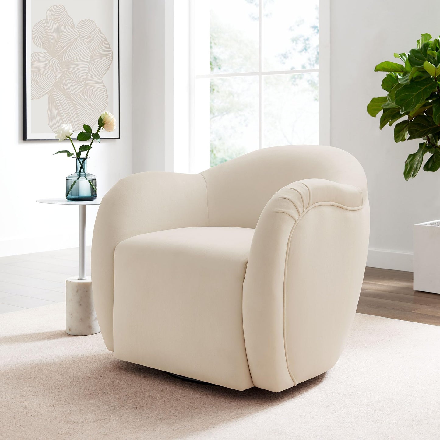 Modway Compose Performance Velvet Swivel Armchair in Alabaster - Barrel Accent Chair - Comfy Round Single Sofa Chair with 360° Rotation - Modern Upholstered Club Chair for Living Room, Bedroom