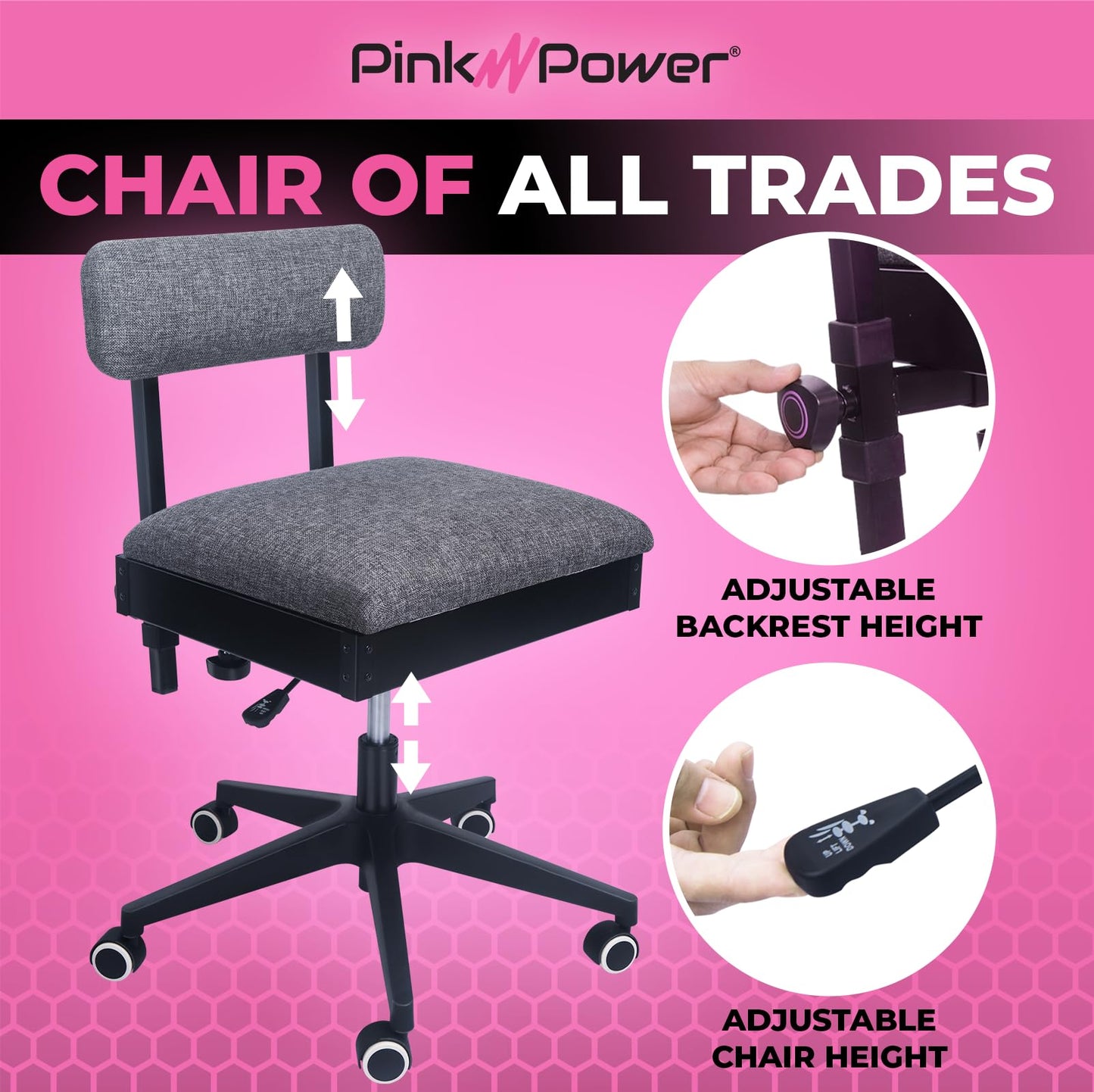 Pink Power Sewing Chair with Wheels and Adjustable Back Support - Hydraulic Armless Machine Chair for Crafting, Quilting, Artists - Sewing Room Furniture - Ergonomically Designed Professional