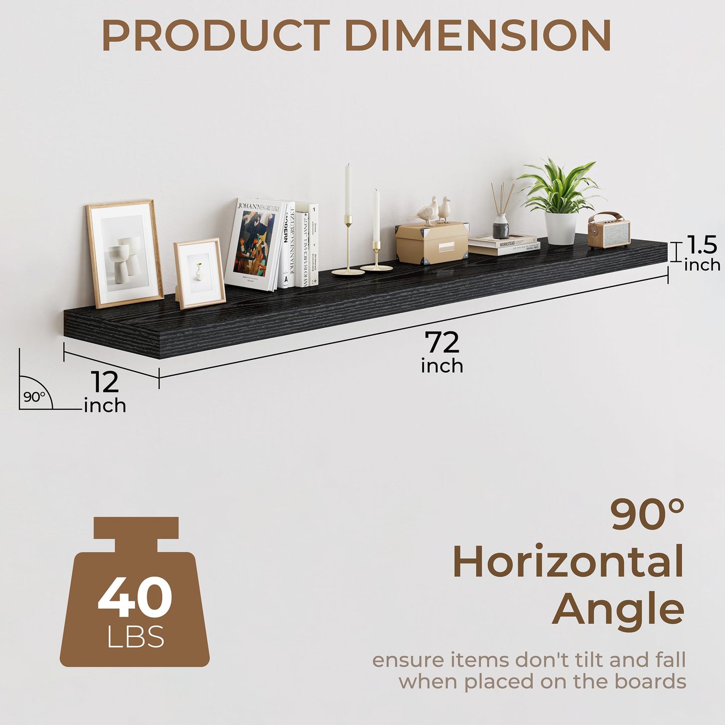 RICHFOCUS 72 Inch 12" D Floating Shelves for Wall 2 Pack Long Wall Shelves for Room Wall|Large Wood Hanging Shelf with Invisible Brackets for Bathroom Bedroom Kitchen Laundry Room, Black