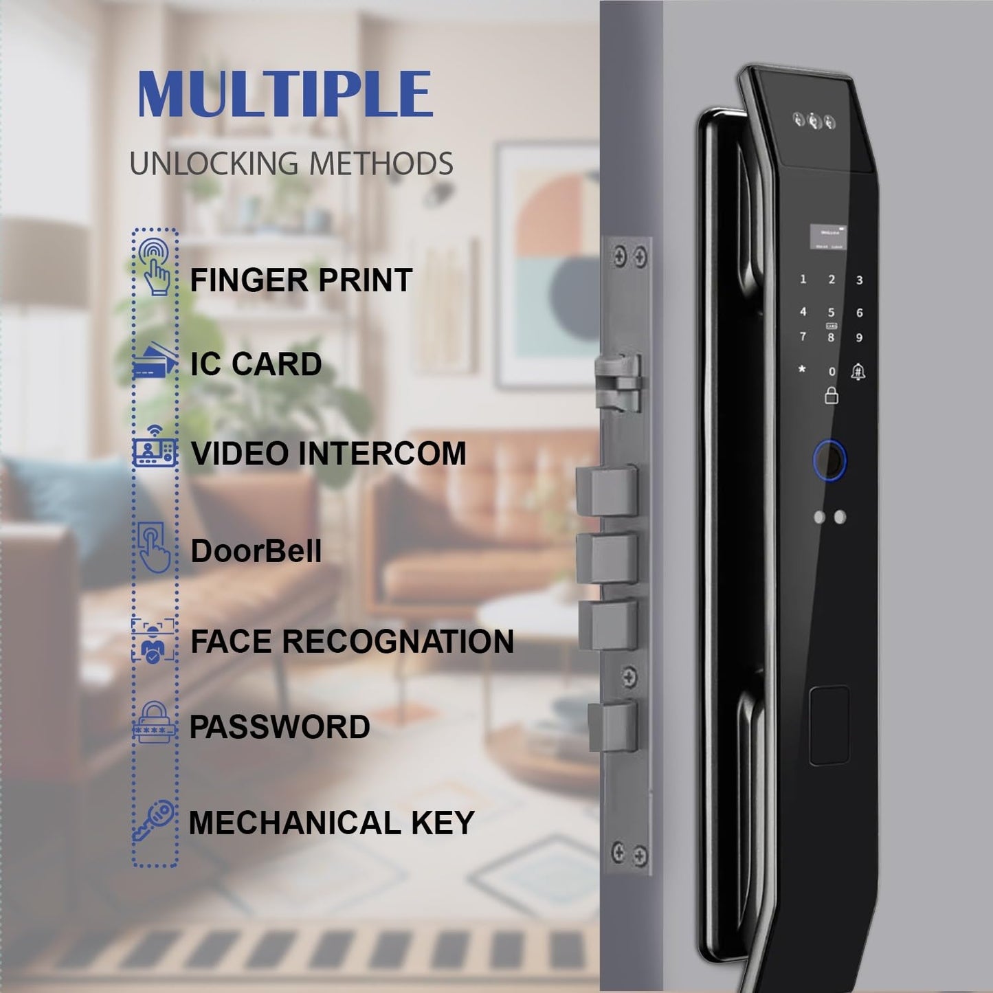 Smart Door Lock with 3D Face Recognition & Camera, Intercom, Video Doorbell, Fingerprint Keyless Entry, Password, IC Card, Key, Alexa Compatible via Tuya App Control, Smart Home Front Door Security