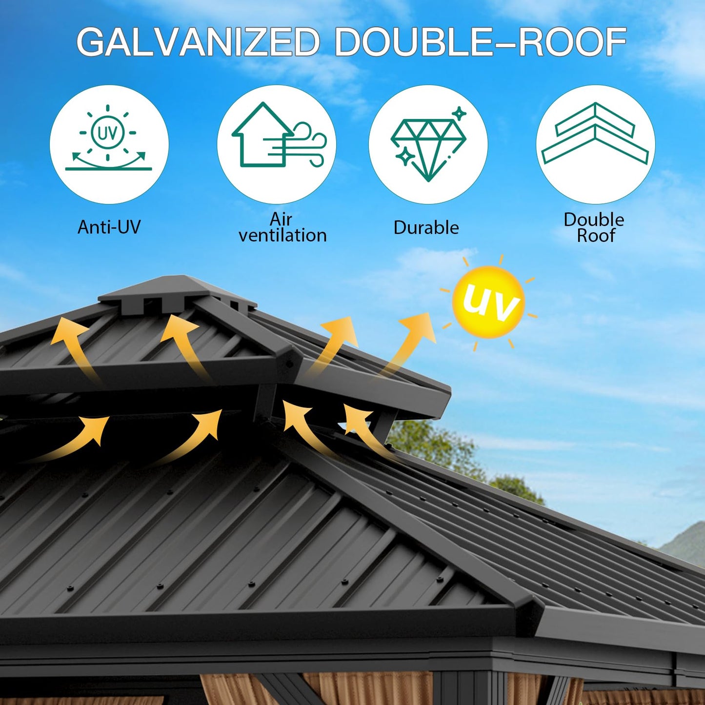 GarveeHome Outdoor Gazebos Canopy 10 x 10 ft Permanent with High Strength Aluminum Frame, Iron Double-Roof, Pavilion with Curtain and Netting for Patio, Lawn, Deck, Garden