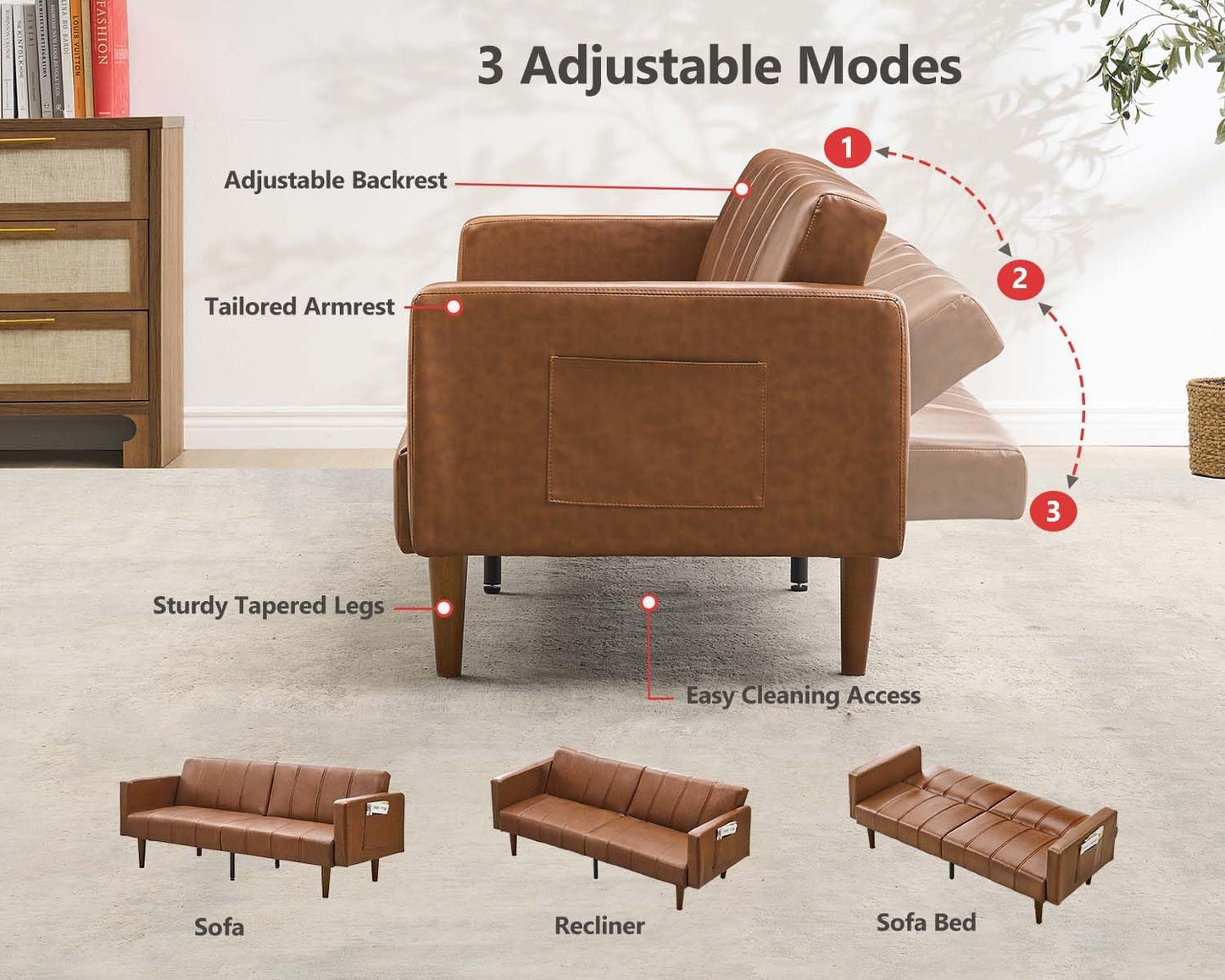 GarveeHome 75 in Futon Sofa Bed Mid-Century Futon Couch, PU Leathe Convertible Sleeper Couch with Adjustable Backrest, Loveseat and Side Pockets for Living Room & Bedroom (Brown)