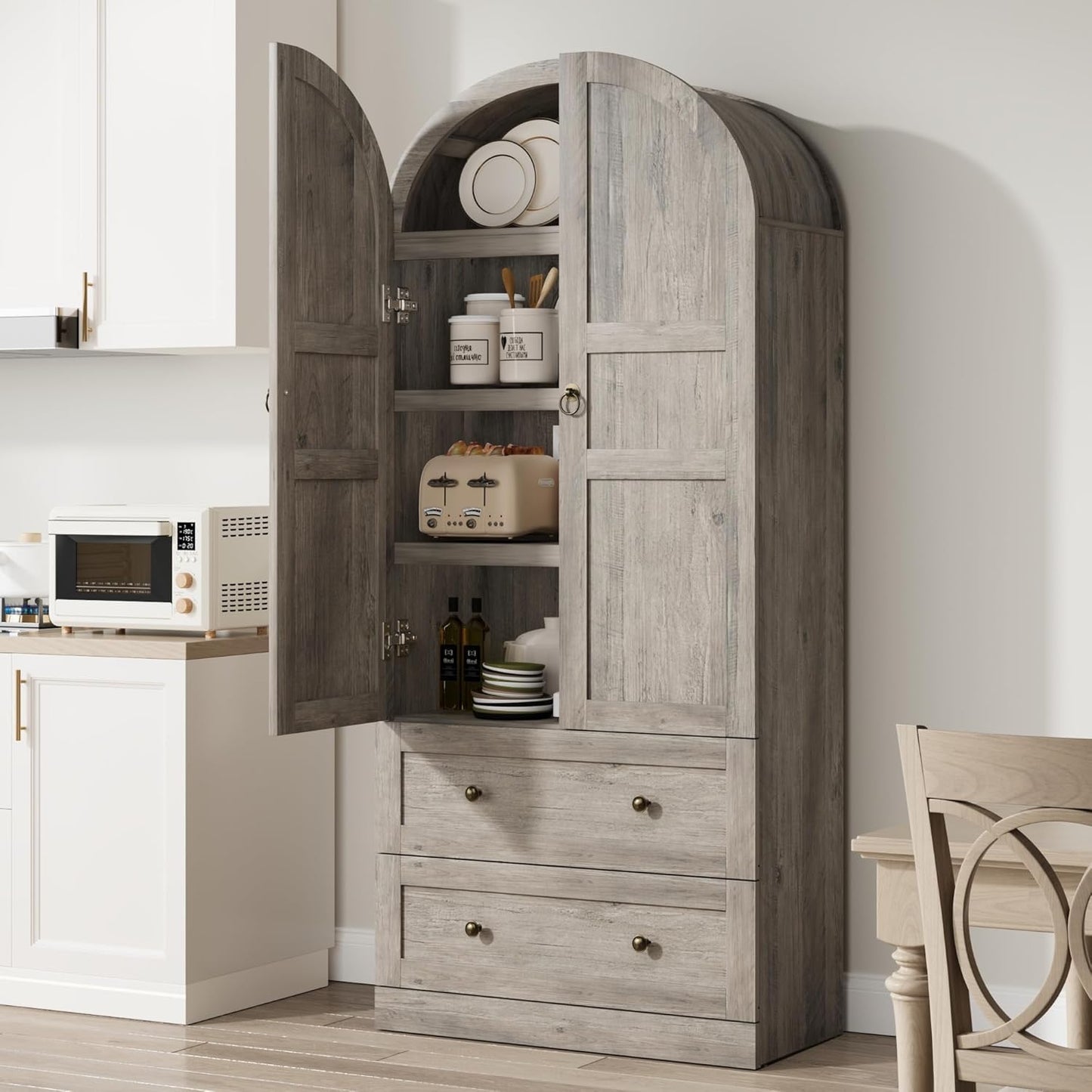 GarveeLife 72 Inch Tall Dome Bookcase with Drawers and Wood Door, 4-Tier Wooden Bookshelf with Arched Top and Display Shelves, Farmhouse Storage Cabinet for Home Office, Living Room, Entryway, Gray