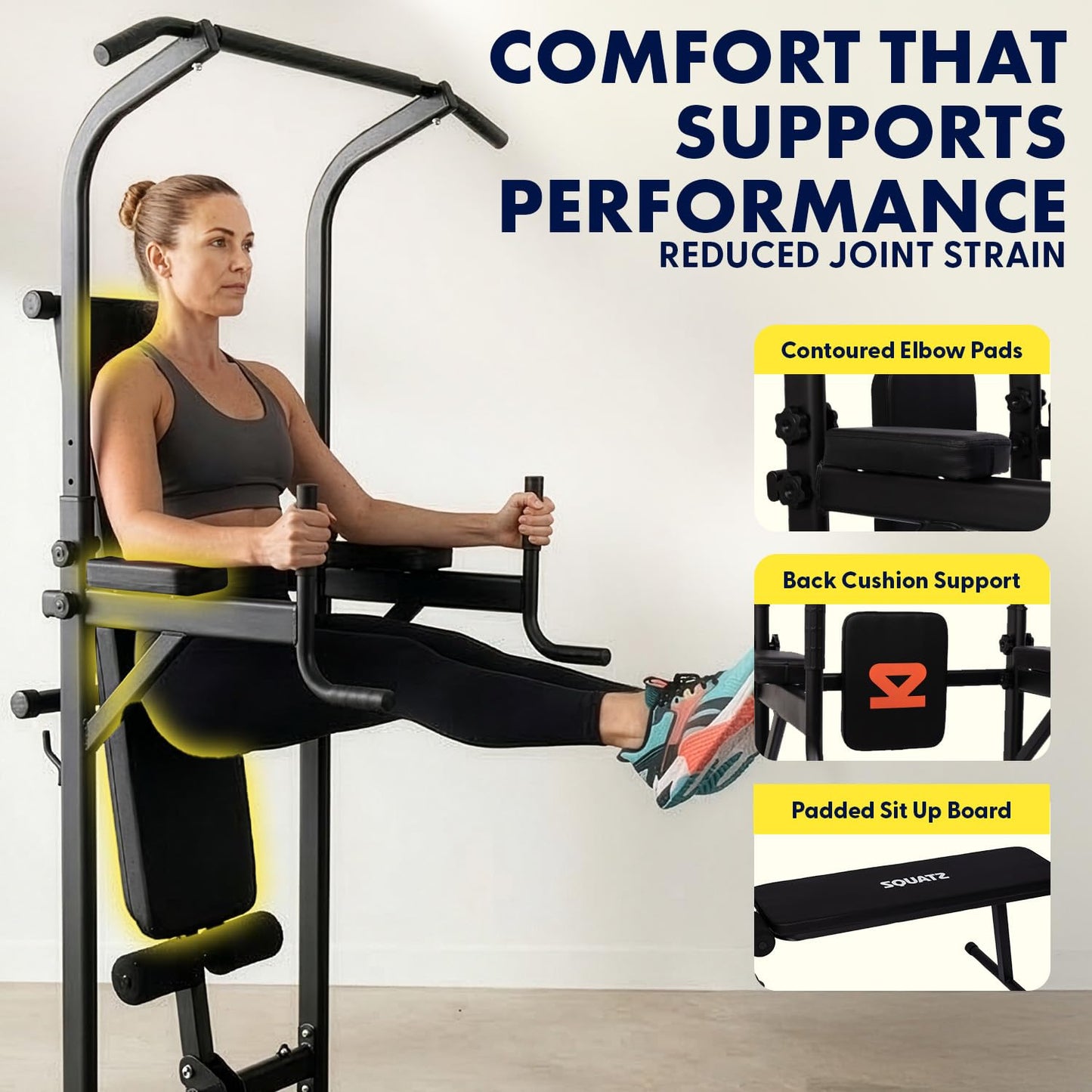 SQUATZ Pull-Up Dip Station - Your All-in-One Power Tower Gym and Chin-Up Bar Stand with Collapsible Bench for Home Exercise and Bench Press