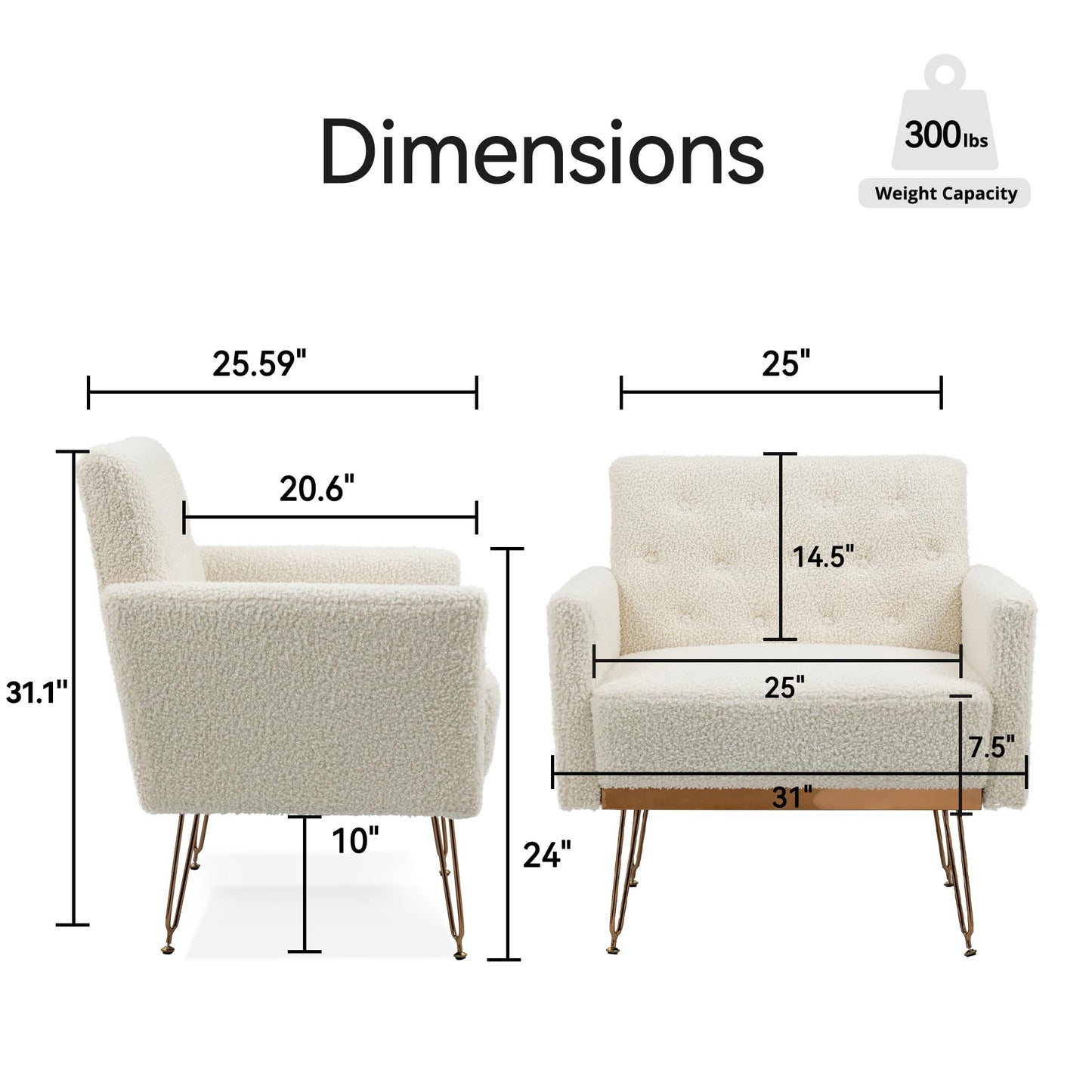 KEIKI Small Teddy Accent Chair, 31 Inch Modern Tufted Upholstered Armchair with Metal Leg, Comfortable Single Sofa Side Reading Chairs, Comfy Arm Chair for Bedroom Living Room, Easy Assembly, White