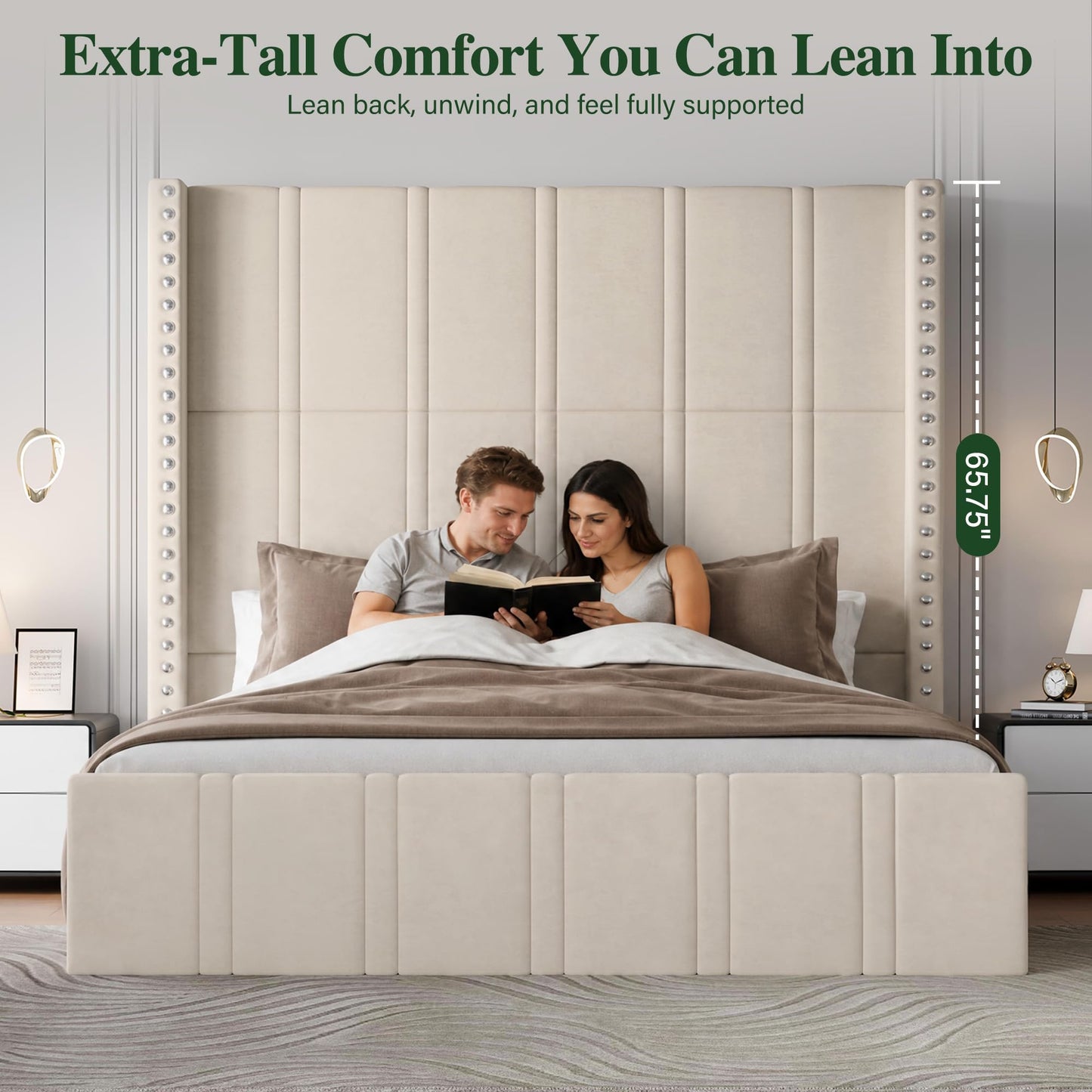Uteeran Queen Bed Frame with 65.75" Tall Headboard, Luxury Velvet Upholstered Platform Bed with Storage Pockets, Wide Wingback Design, Noise-Free, Easy Assembly, No Box Spring Needed, Beige