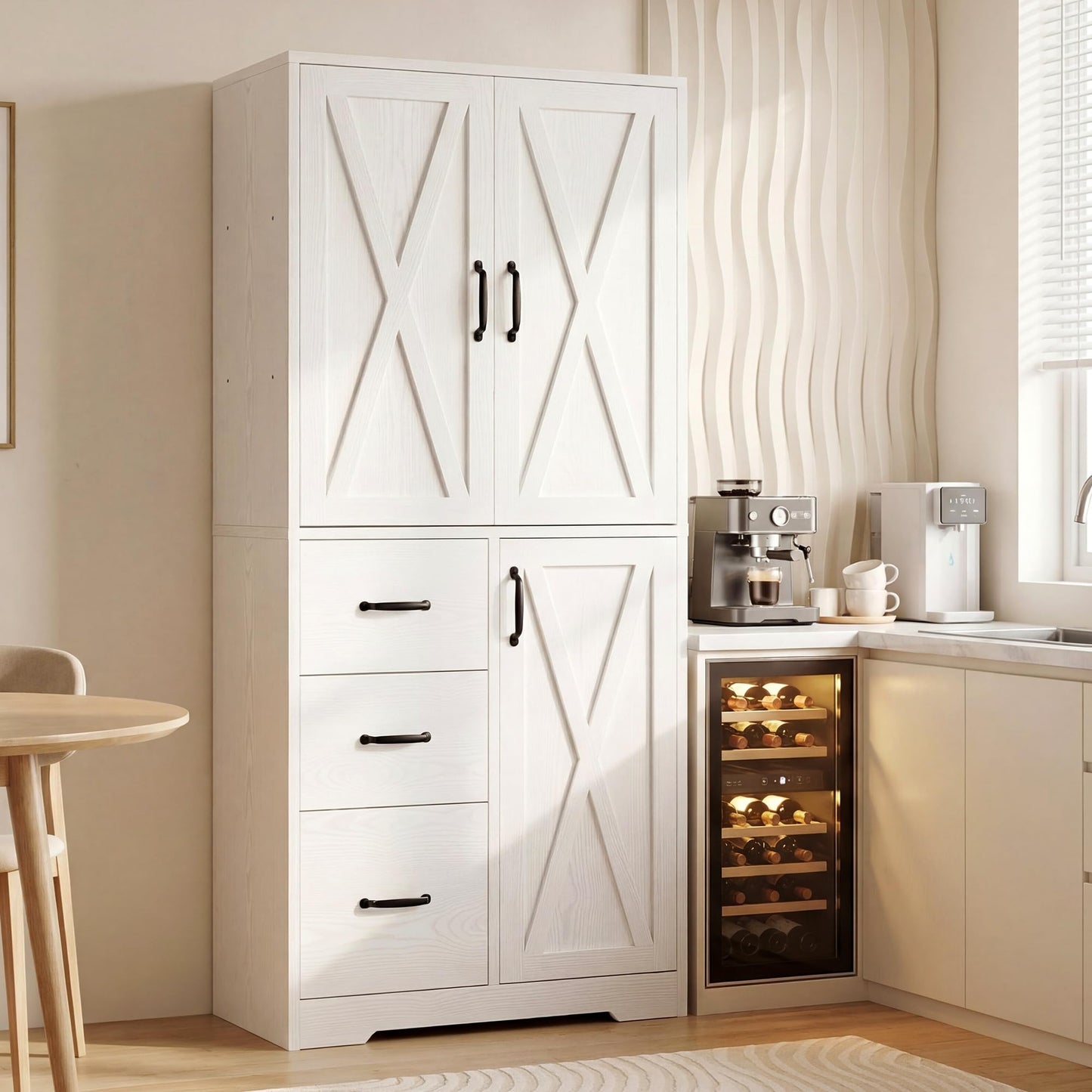 IRONCK Pantry Cabinet, 67.5 inch Tall Storage Cabinet with 3 Doors & Drawers, Farmhouse Kitchen Cabinet with Adjustable Shelves, 5 Tier Freestanding Cupboard for Kitchen, White