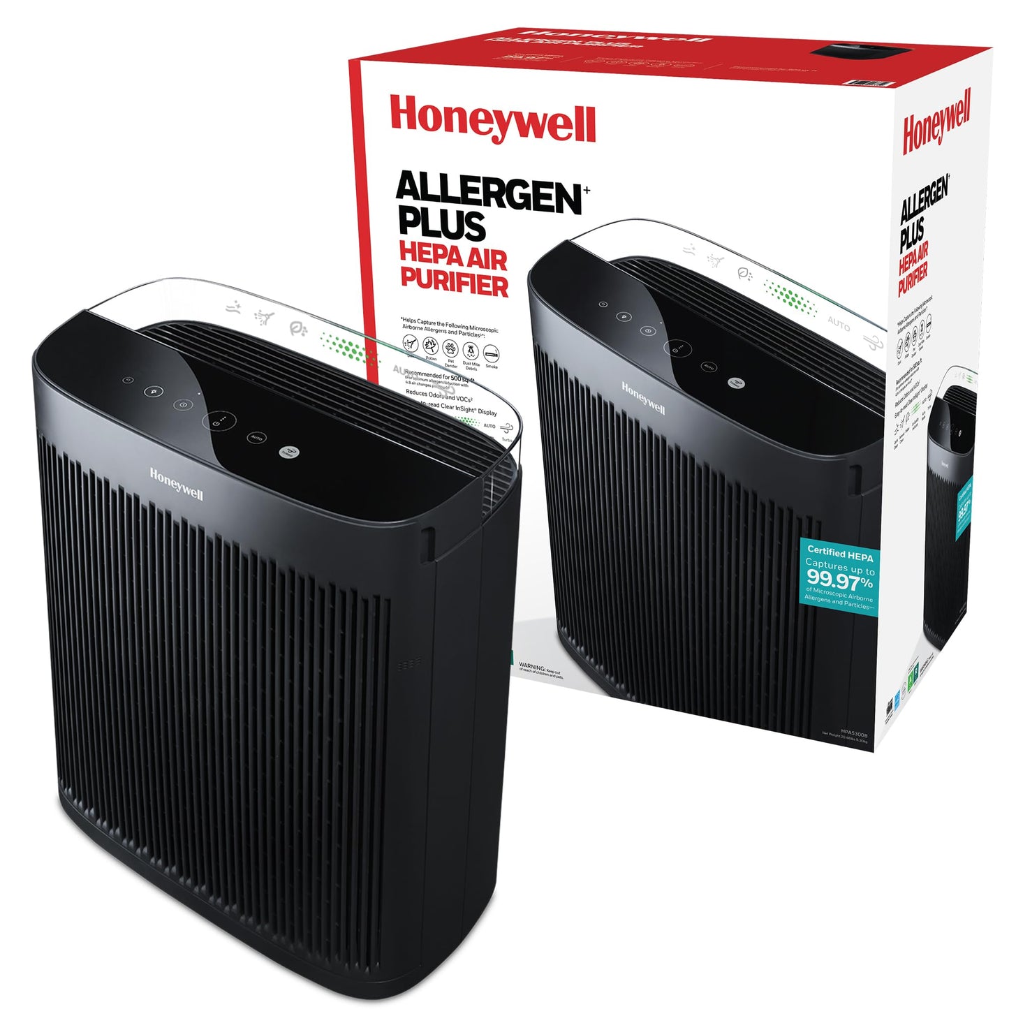 Honeywell HEPA Air Purifier for Home, 2423 Ft² Rooms in 1 Hour, Air Quality Monitor, Auto Mode, Reduces Allergens, Dust, Pollen, Pet Dander, Odors, Smoke, Black, HPA5300B