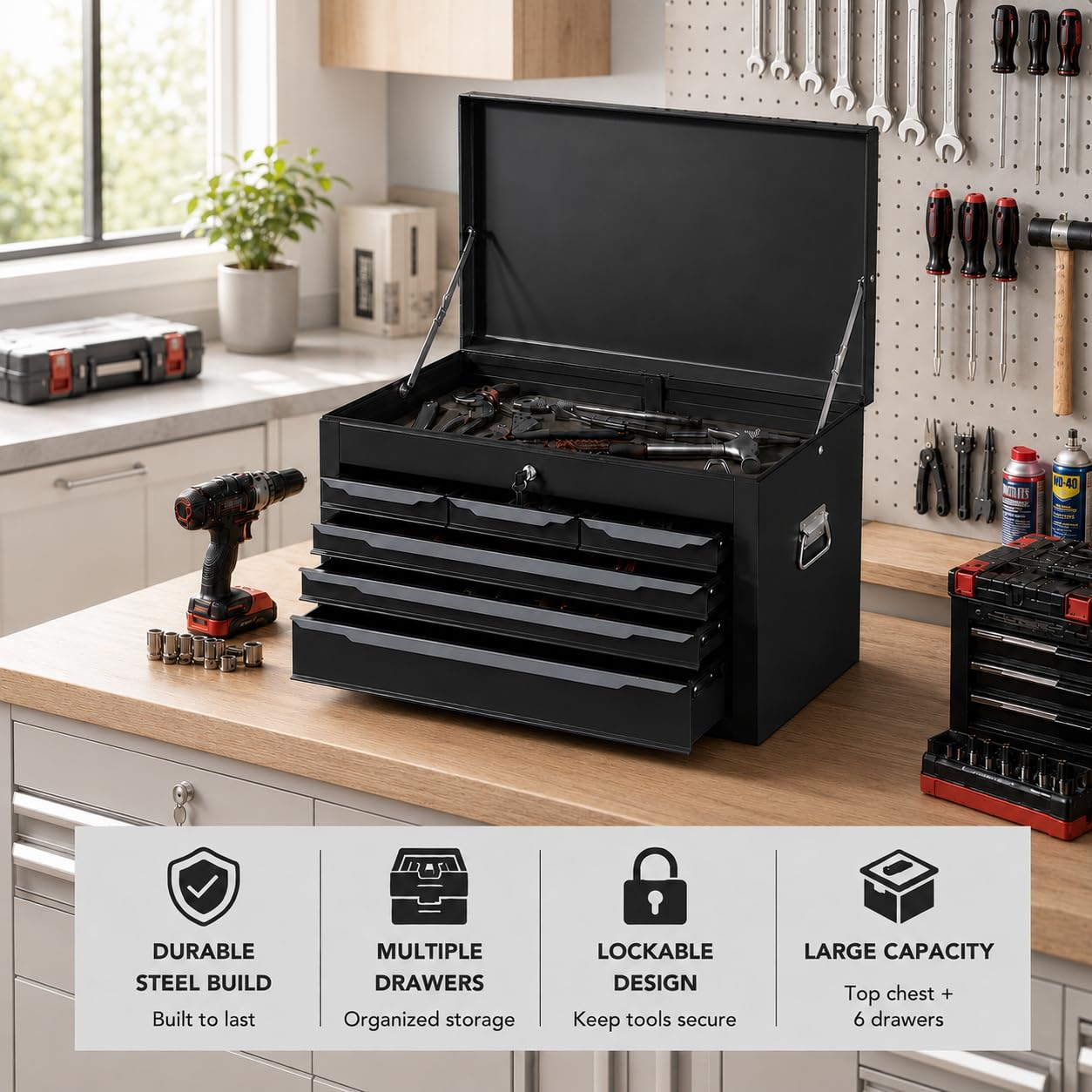 ARNOT Large Metal Tool Box, Tool Box with 6 Drawers & Top Tray, Heavy-Duty Steel Tool Chest with Auto-Locking Drawers and Side Handles for Garage & Workbench (Black)