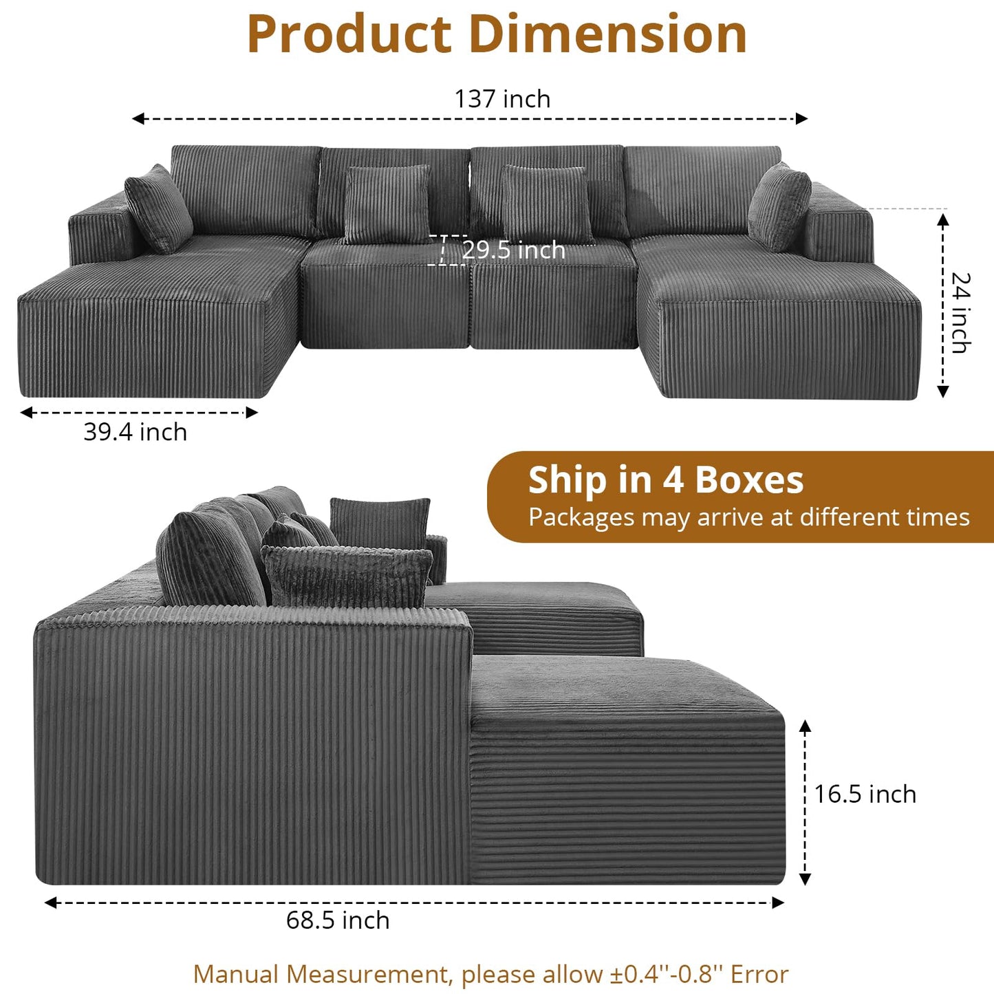137" Modular Sectional Sofa, U-Shape Cloud Couch with Chaise, Deep Seat, Armrests and Plush Corduroy Fabric, No Assembly Required, Boneless Compression Sectional Couch for Living Room, Grey