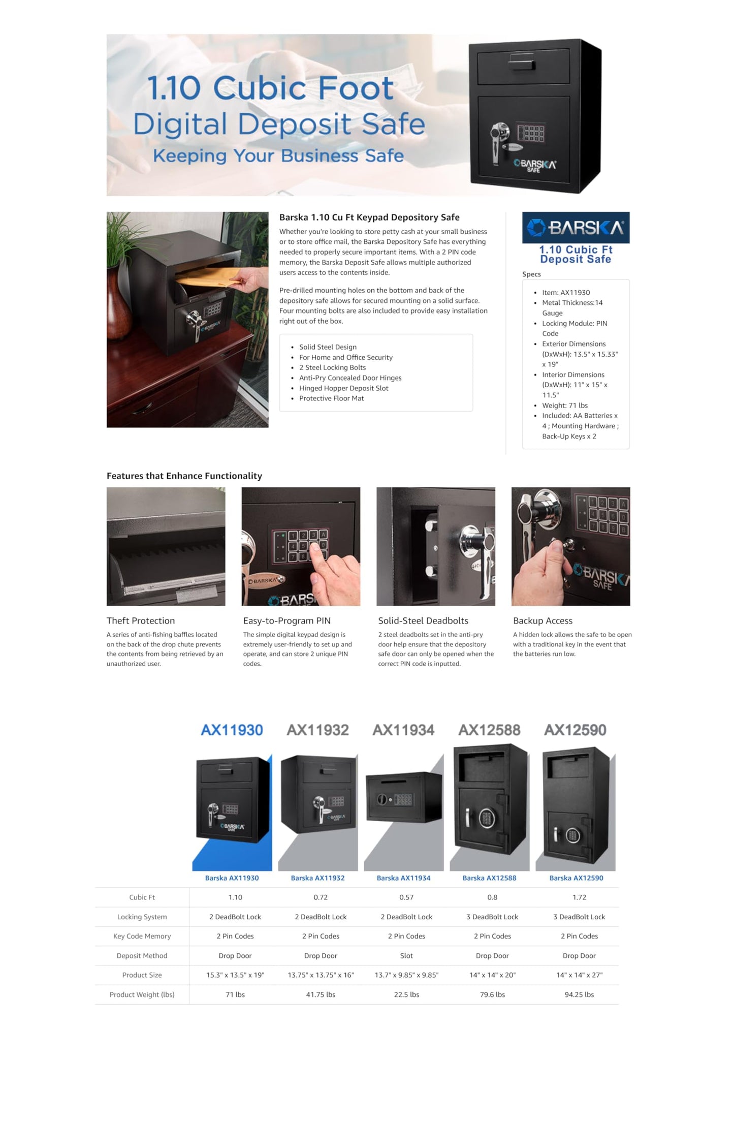 Barska Digital Depository Safe with Drop Slot – Solid Steel Lock Box for Cash, Mail & Valuables, Dual PIN Code Access, Anti-Pry Door, 2 Steel Bolts, Mounting Hardware – for Home & Office Security