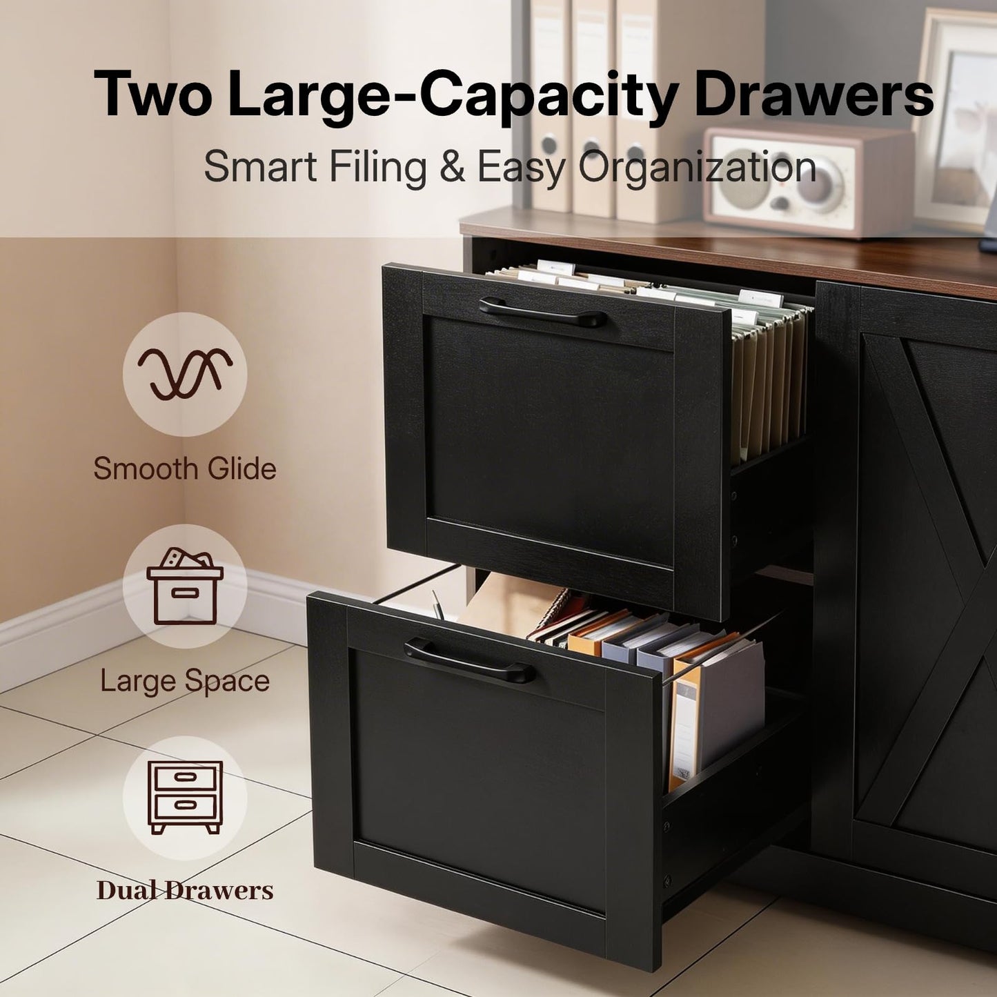 NORTHSKY 72" Tall Bookshelf with Drawers & Doors, Bookcase with Power Outlet and File Cabinet, Office Bookshelf with 2 File Drawers, Open Shelves & Storage Cabinets for Home Office, Black