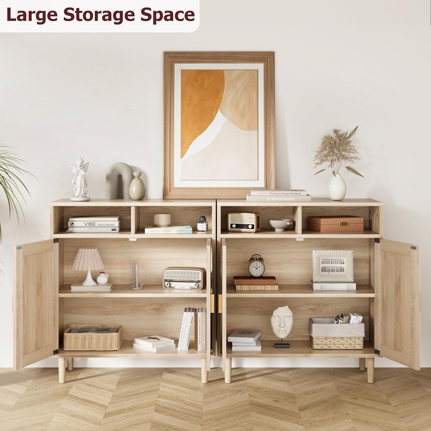 Garvee 2PCS 36" Modern Rattan Sideboard Cabinet - 2-Door Storage Buffet with Shelf, Boho TV Stand & Coffee Bar for Dining Room, Kitchen & Entryway