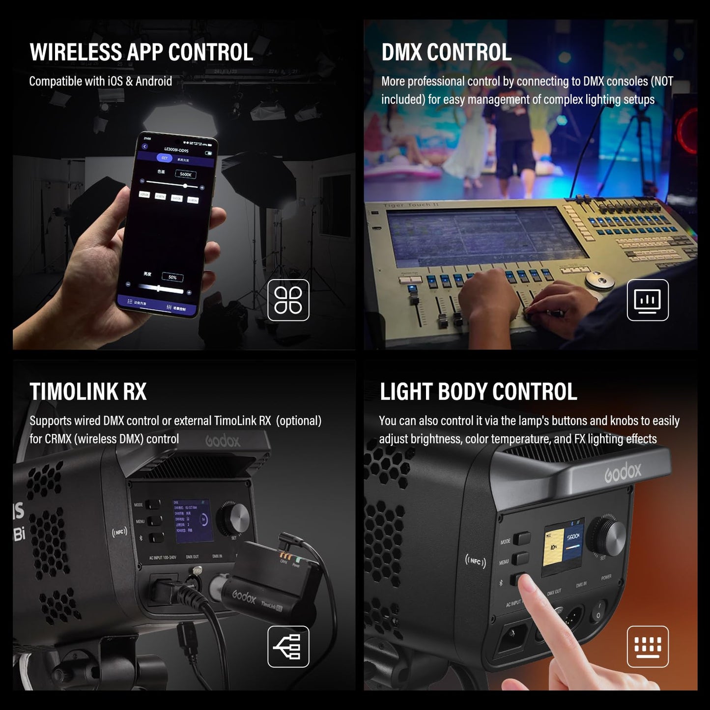 GODOX LE300Bi Light Kit, Godox Litemons LE300Bi Video Light with Softbox Light Stand, Bowens Mount, DMX/Bluetooth APP Control, NFC Connection, 2800K~6500K, 58900Lux@1m, CRI/TLCI98, 11 Fx Effects