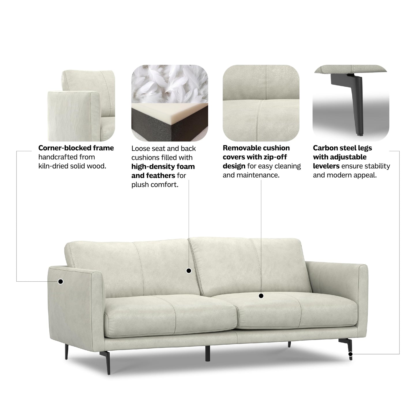 SIMPLIHOME Stevens Sofa in Genuine Light Smoke Grey Leather, 81-inch Wide, Solid Wood Frame, Modern 3-Seater Couch for Living Room