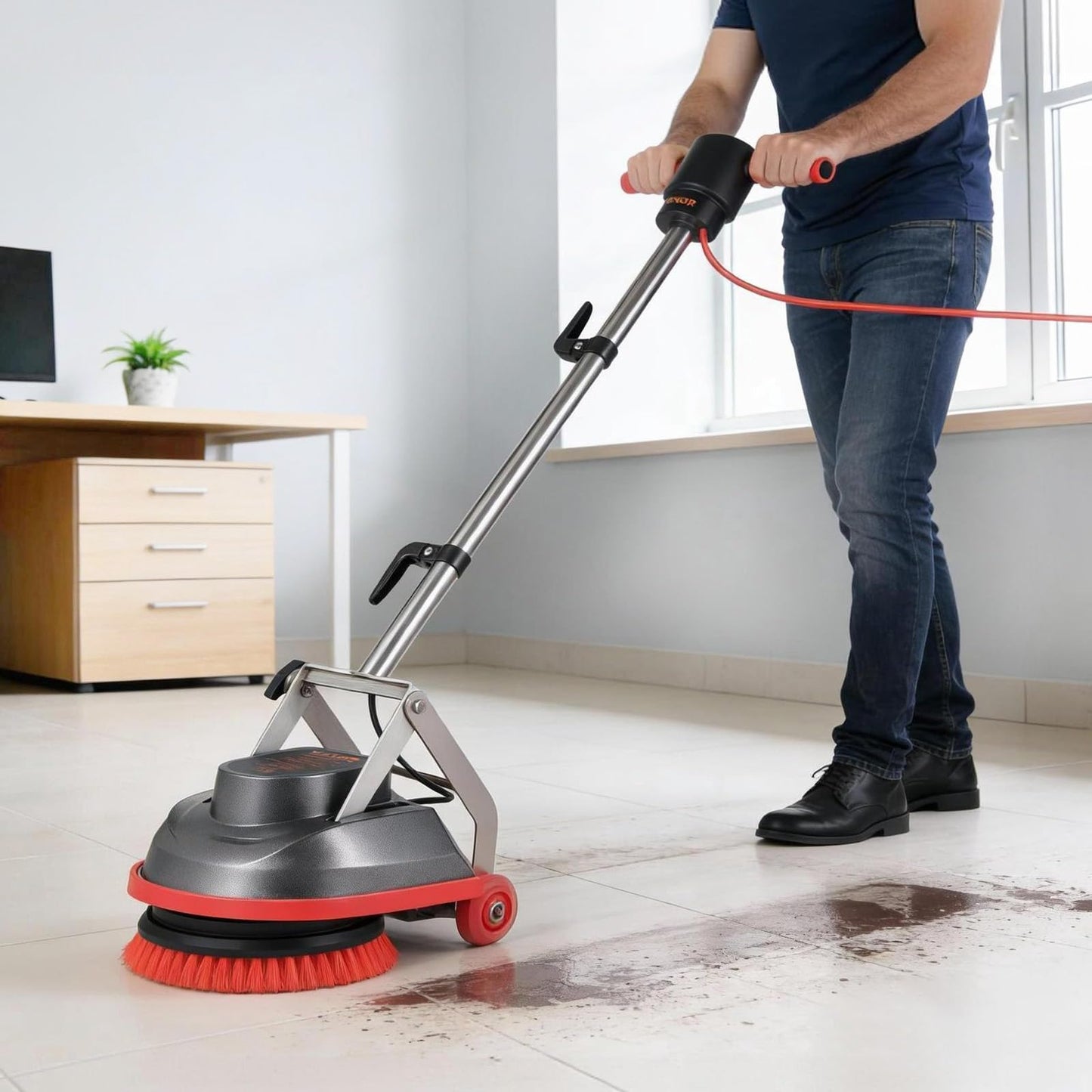 VEVOR Commercial Floor Scrubber Machine, Heavy Duty Floor Cleaner Polisher with 2 Wheels, Professional Electric Carpet Buffer, Max 1900 RPM, 43 FT Cord, 3 Pads & 3 Brushes - All Floor Surfaces