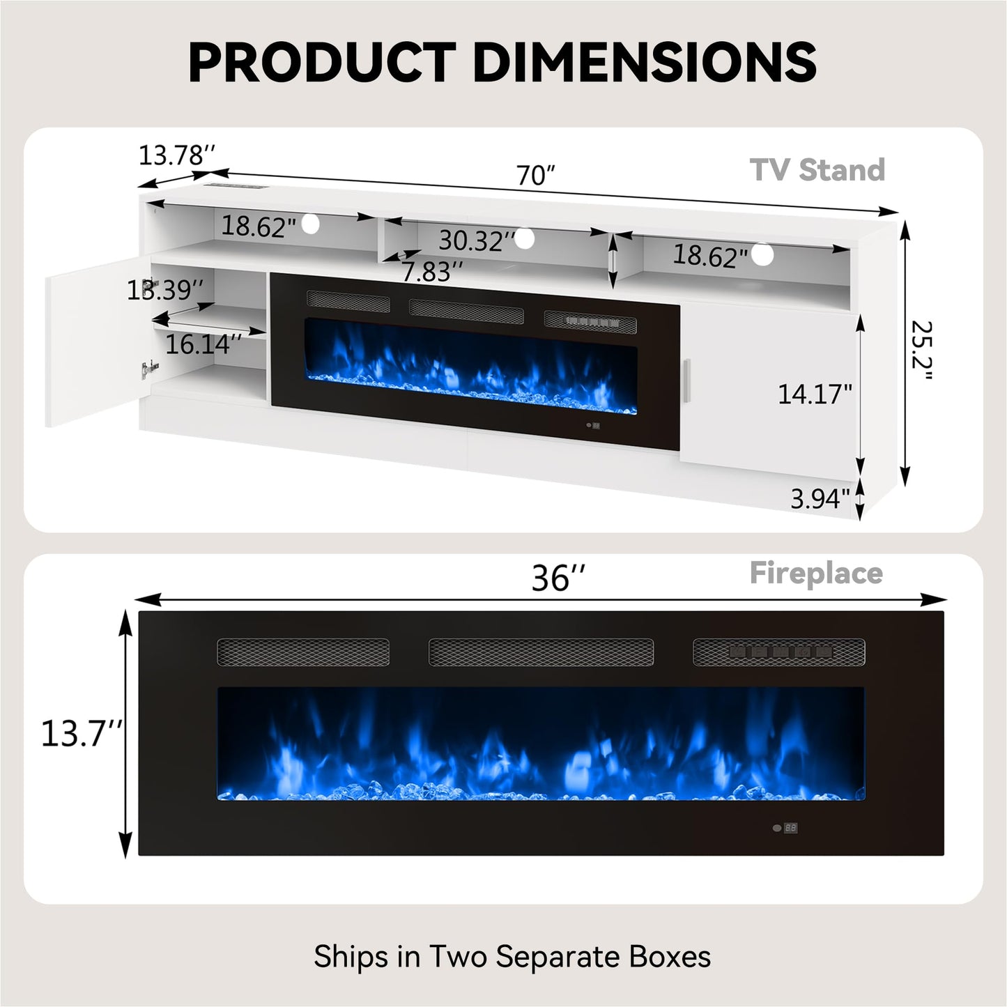 OneBlis 70" Fireplace TV Stand with Power Outlet, Electric Fireplace Entertainment Center with Storage Cabinets, Fits TVs up to 80", TV Console with LED Lights for Living Room, Office, White-Black