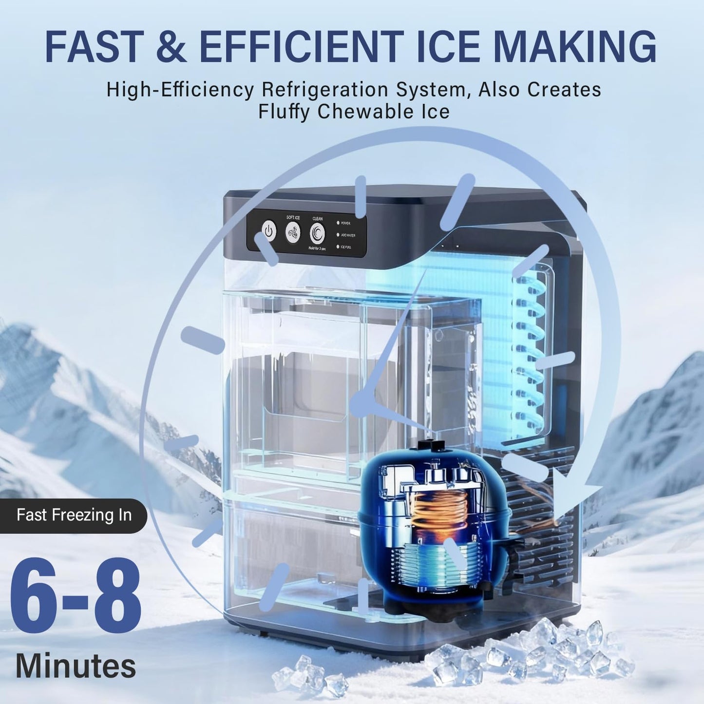 FNOONXY Nugget Ice Maker Countertop,44 lbs/24h Chewable Pellet Ice Machine with 4.5L Side Water Tank,6-8 Mins Fast Ice Making,One-Touch Self-Cleaning,Portable with Ice Scoop for Home,Office & Bar