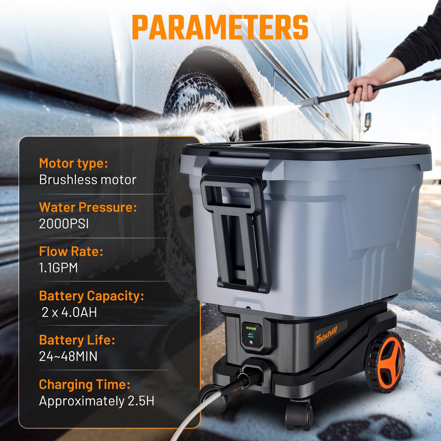 This Hill Cordless Pressure Washer with Water Tank, 2000 PSI Portable Power Washer, Brushless Motor, Dual 21V 4.0Ah Batteries, 3 Pressure Modes, Foam Cannon for Cars, Patio & Camping