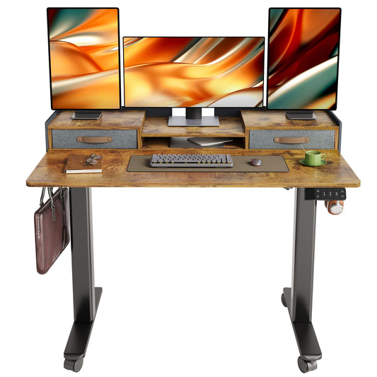 YDN Rustic Brown 2-Tier Adjustable Electric Standing Desk, 48 inch, Modern Design with 2 Drawers, Felt Fence, Hook, for Office