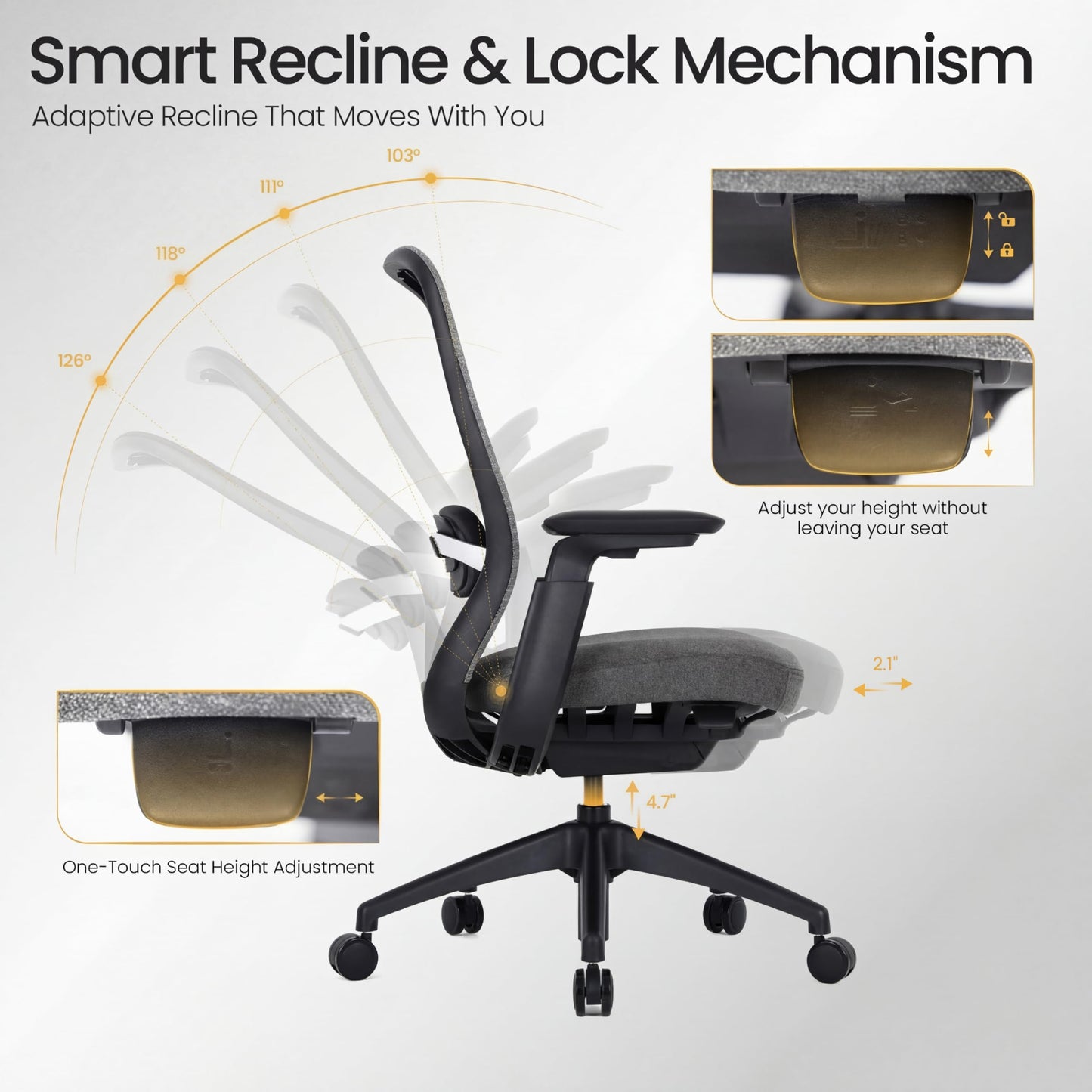 COLAMY Aether Executive Office Chair for Long Hours, One-Touch Easy Adjust Managerial Desk Chair with Levitating Seat Cushion & Pilot-Level Sync Armrests, 300 LBS Mid Back Mesh Computer Chair,Grey