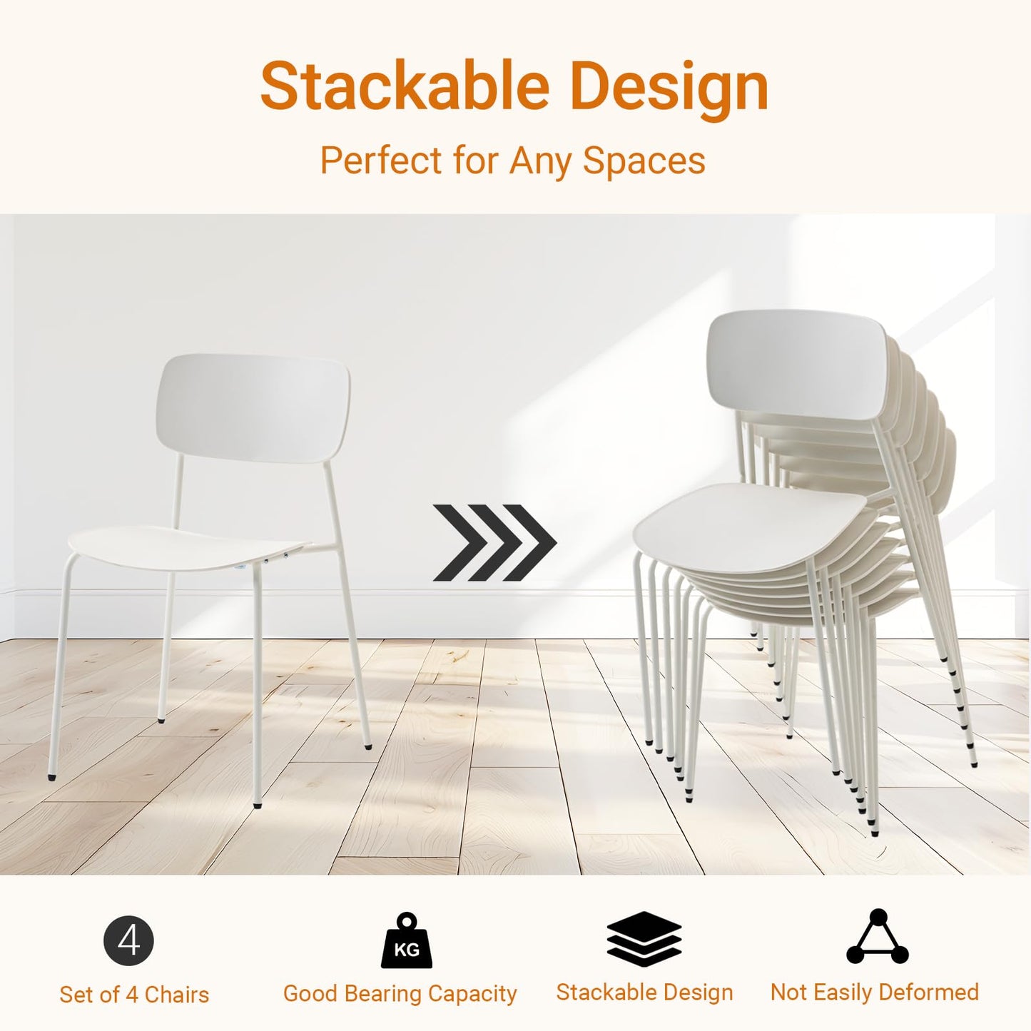 Sidanli Conference Room Chairs Stackable Set of 4, Reception Chairs with Plastic Seat, Stacking Chairs for Waiting Break Room Classroom Clearance, White