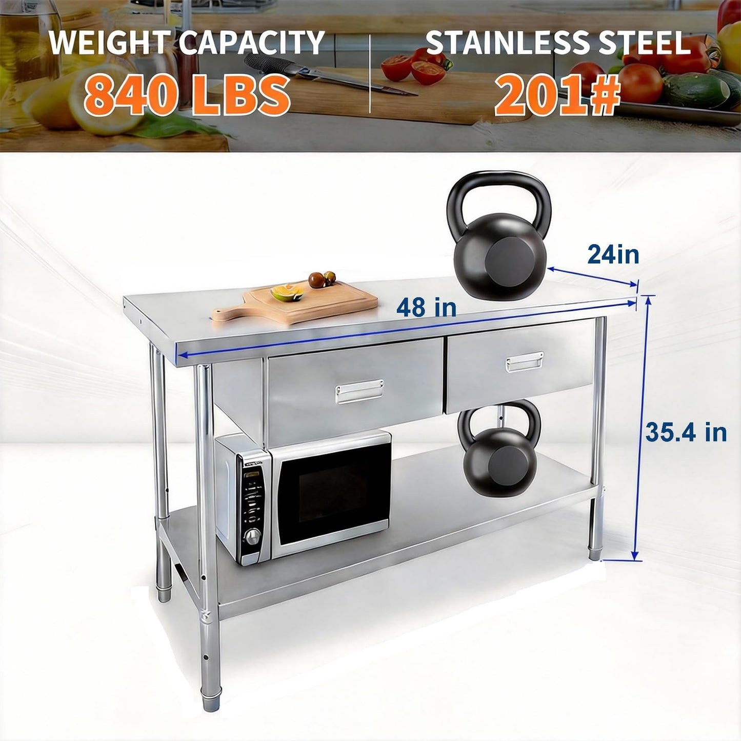 Stainless Steel Table with Drawers, 48"x24" Prep Table for Commercial Kitchen, Heavy-Duty Work Tables Workbench with Adjustable Undershelf for Home Kitchen Restaurant Garage
