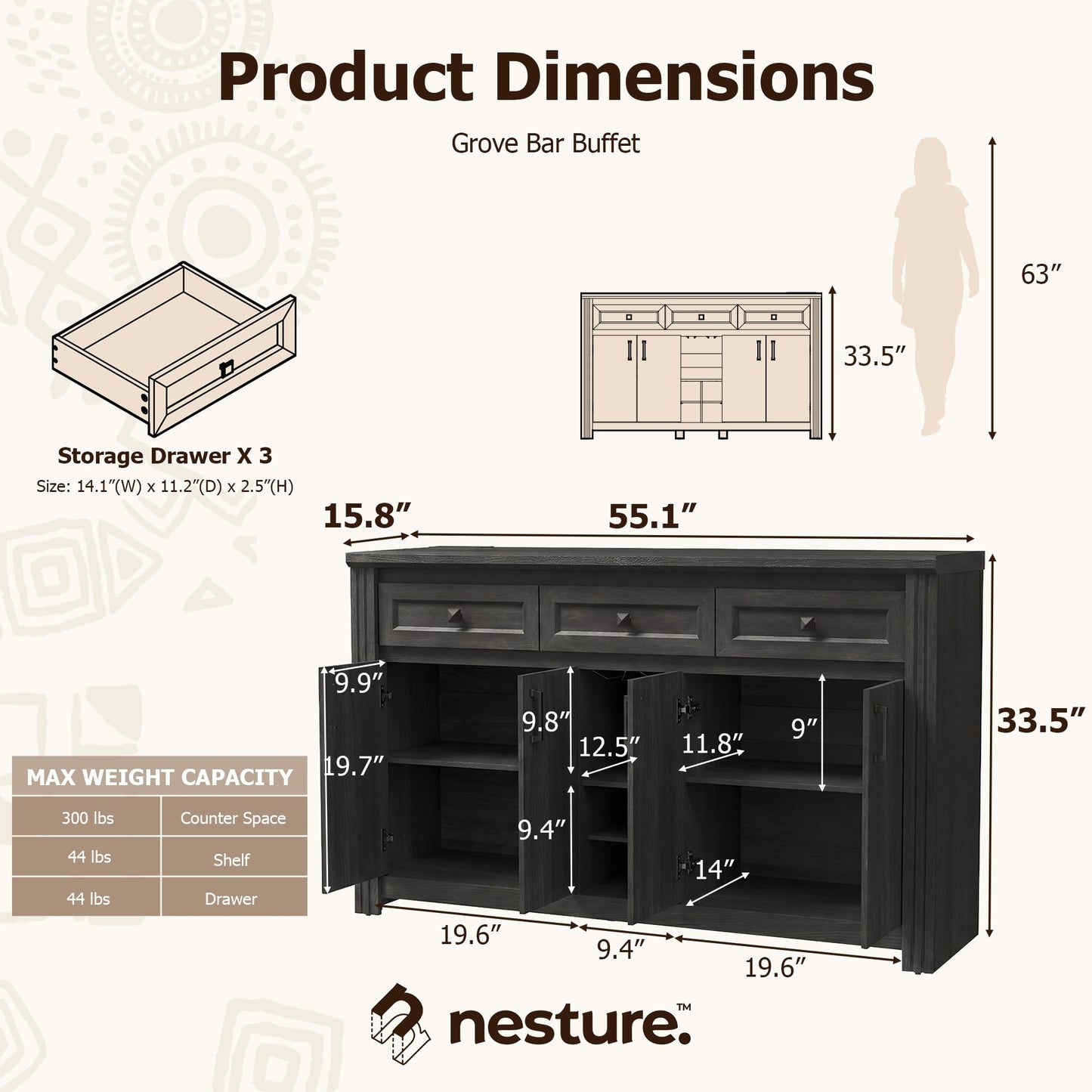 nesture. 55" Buffet Sideboard with Power Outlet, Farmhouse Wood Coffee Bar Cabinet with Wine Rack, Glass Holder, Ajustable Shelves for Kitchen, Black