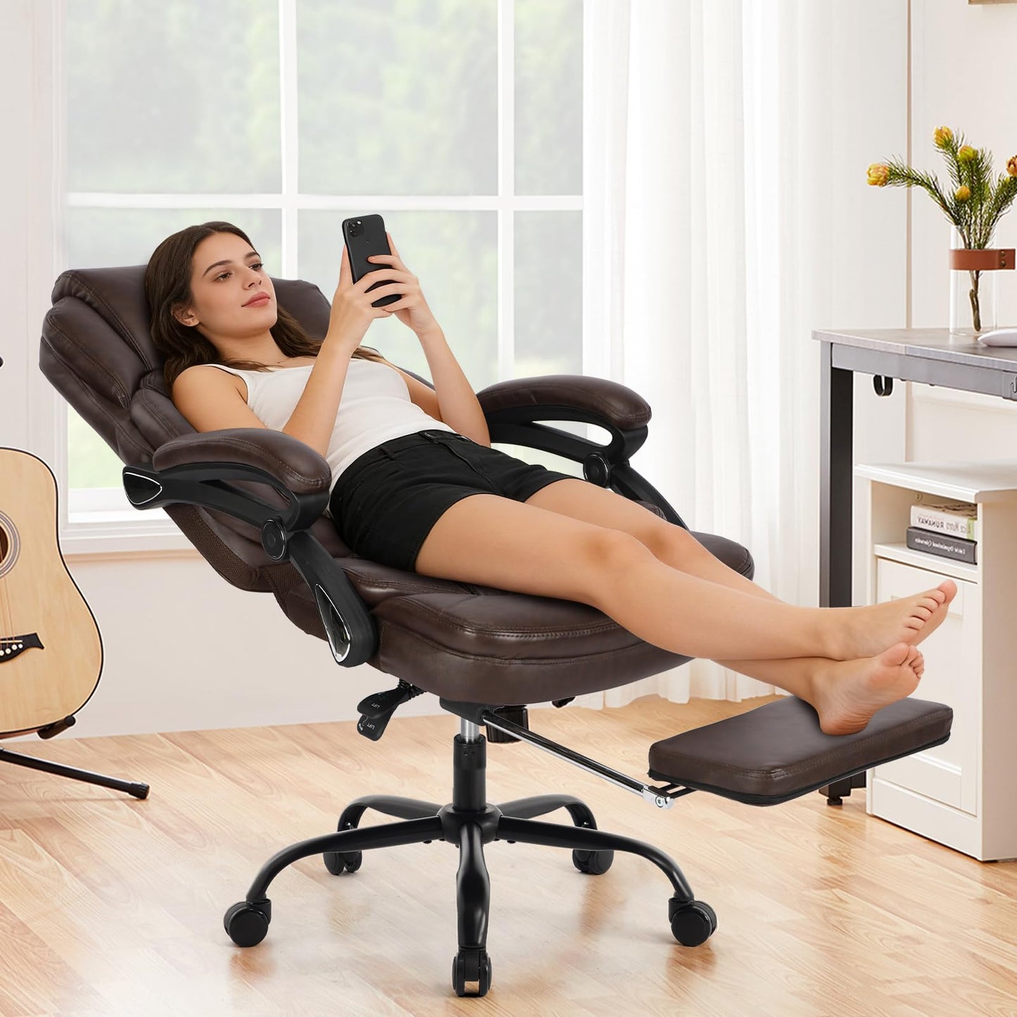 linting 400lbs Ergonomic Reclining Office Chair with Footrest, Plus Size Big Tall Leather Recliner Office Desk Chairs with Foot Leg Rest, Brown