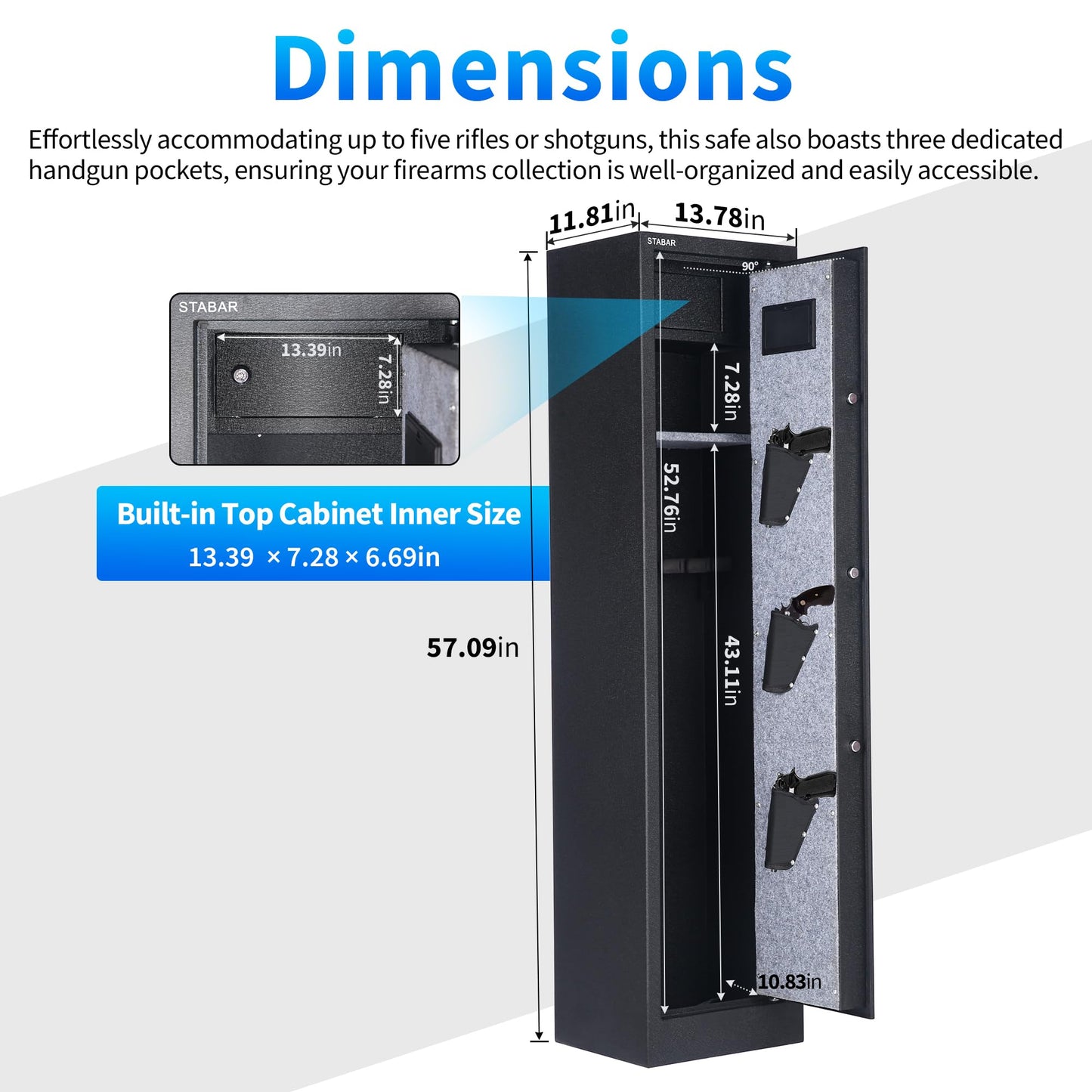 STABAR Gun Safe Biometric Rifle Gun Safe Box with Facial Recognition Handgun Pockets and Built-in Lockable Box, and Silent Mode