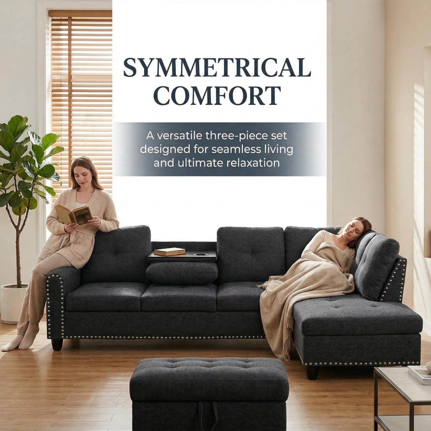 Trygoal L-Shape Sofa with Storage Ottoman & Reversible Coffee Table, Linen Sectional Couch with Right Chaise, 3-Piece Sofa Set for Living Room, Upholstered Couch Set with Solid Wood Frame, Black Grey