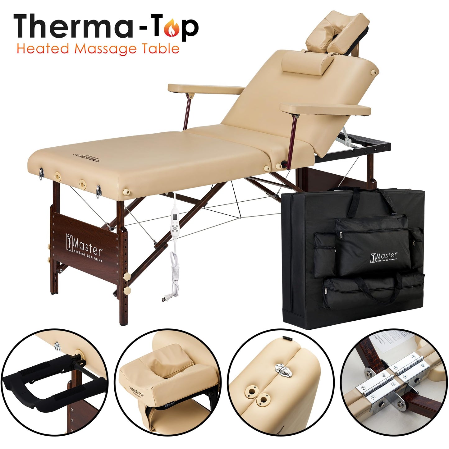 Master Massage 30" Del Ray Beauty Salon Lash Bed with Therma Top-Heated Portable Massage Table Package-Wooden Tattoo Table with 3 Section Tilting Backrest and Memory Foam (Beige)