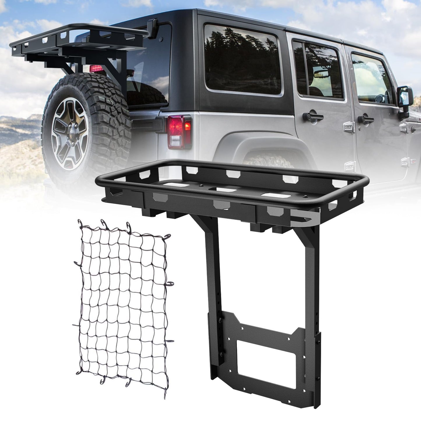 OBNAUX for Jeep Wrangler JK Spare Tire Cargo Rack Tailgate Compatible with 2007-2018 Jeep Wrangler JK & JKU Unlimited 2/4 Door, Rear Cargo Basket, Luggage Storage Carrier (Bolt-On)