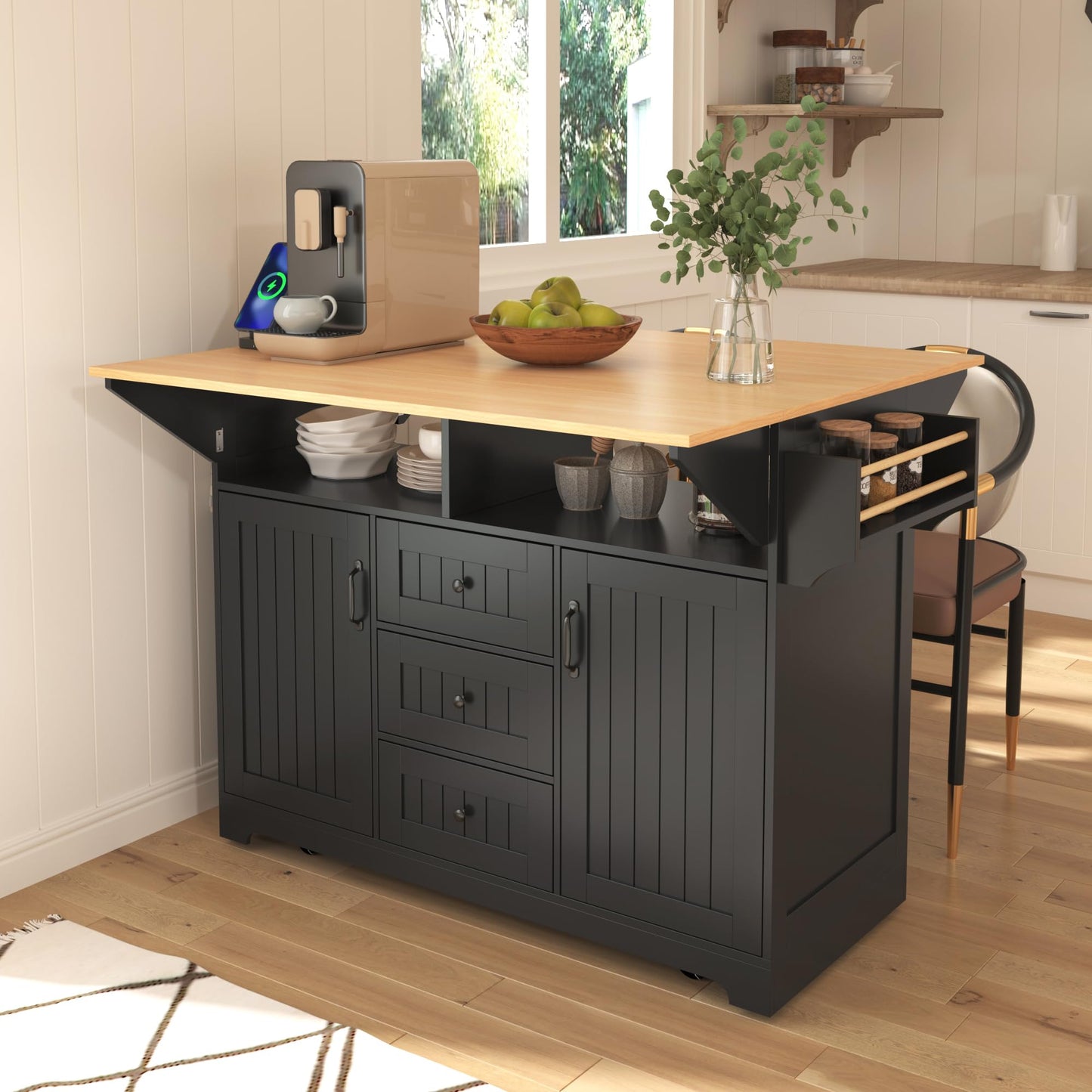 Merax 55.7" Upgraded Large Kitchen Cart Island on Wheels with 2 Drop Leaf,Power Outlet,3 Drawers,Wood Frame Storage Cabinet
