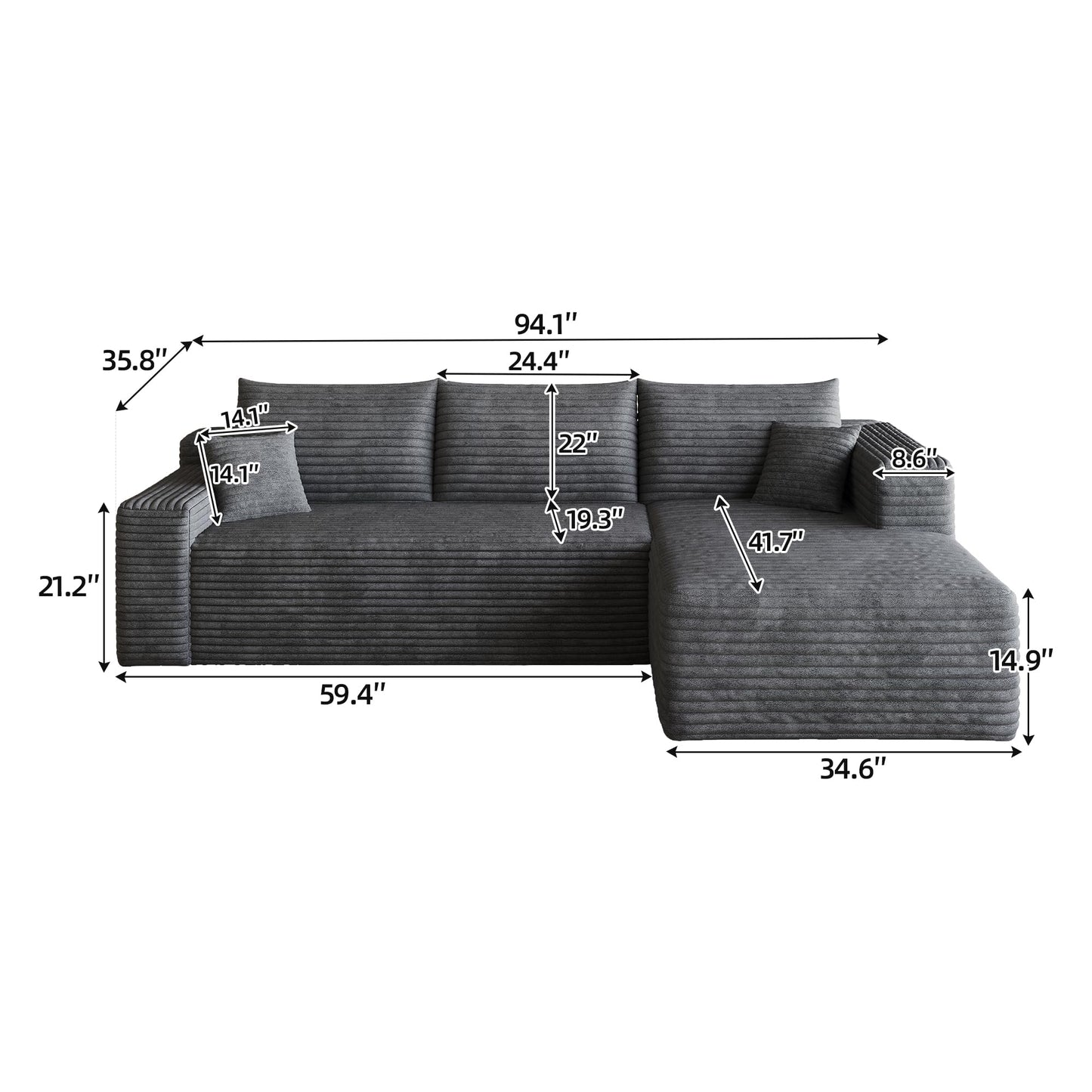 95" L Shaped Boneless Sectional Sofa Couch with Chaise Lounge, Minimalist Right Facing Compressed Cloud Modular Sectional Sofa Corner Couchfor Living Room,No Assembly Required
