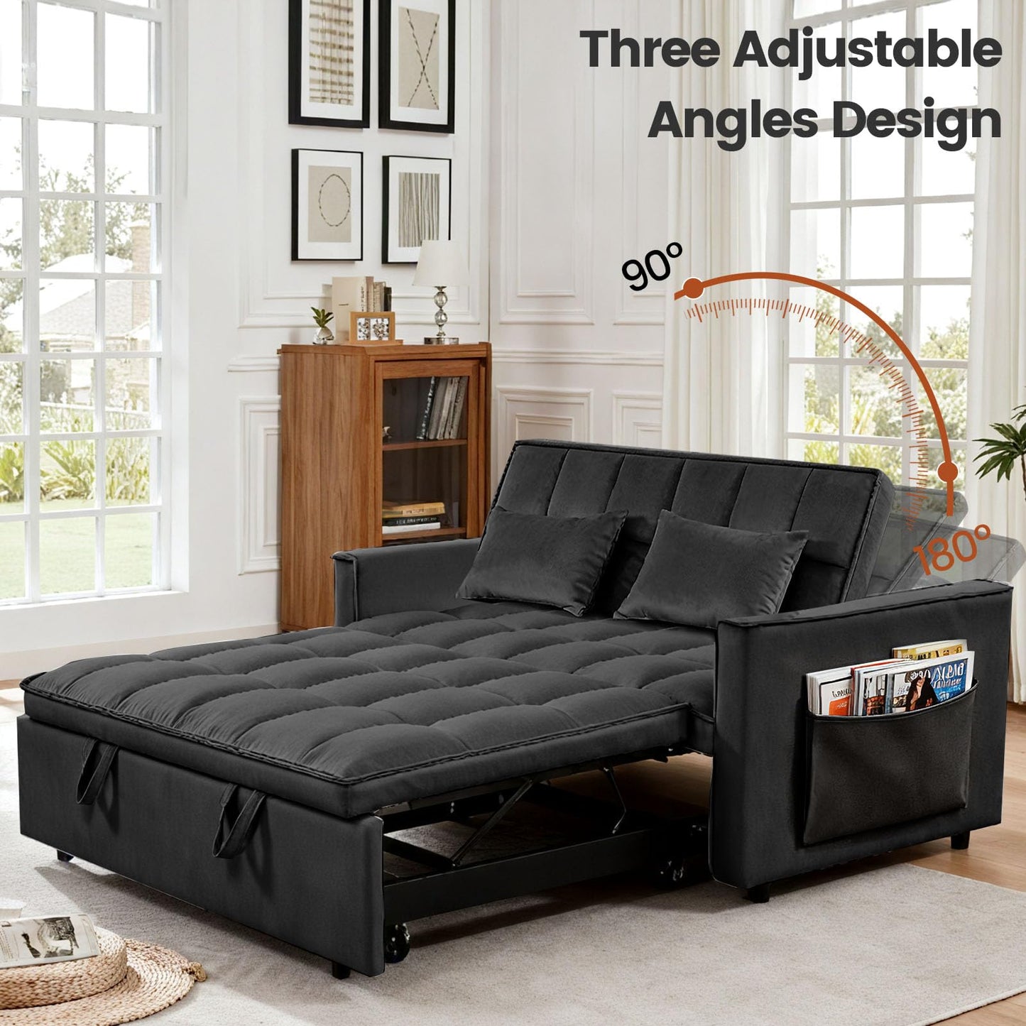 Trygoal Pull Out Couch, Loveseat Sleeper Sofa Bed with Side Pockets, 3 in 1 Velvet Fabric Convertible Sofa Bed with Adjustable Backrest for Living Room, Bedroom, Apartment, Black