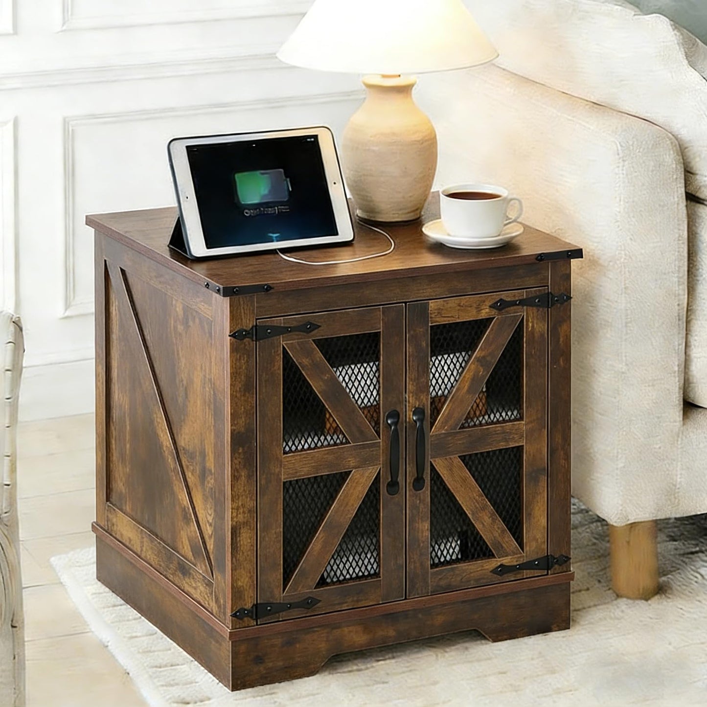 Seekverse Farmhouse Nightstand with Charging Station Set of 2, Side Table with Barn Door and Storage, Rustic Wood Bedside Table, End Table for Living Room and Bedroom, Brown, 2