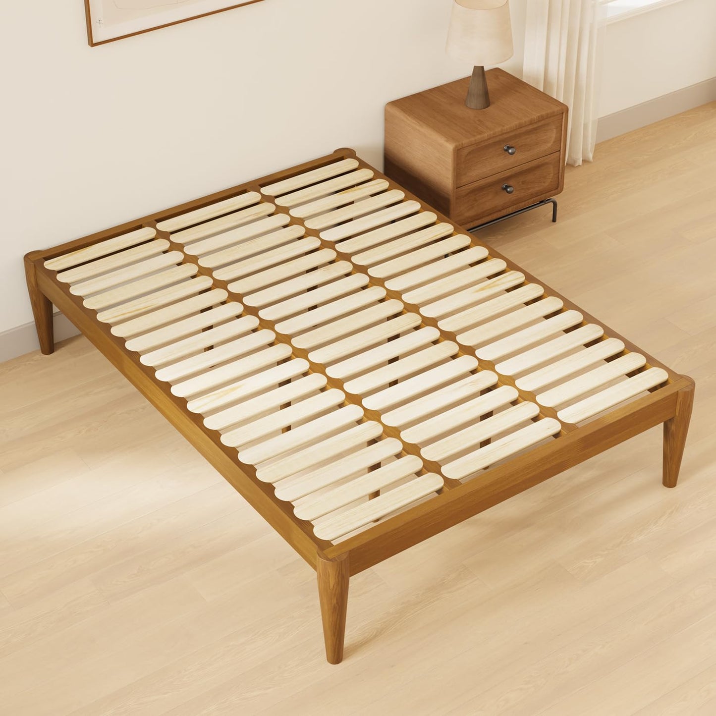IOTXY Full Platform Bed Frame - Solid Wood 16-Inch Height Mattress Foundation Base with Densely Slats and Heavy-Duty Support Legs, No Box Spring Needed, Teak