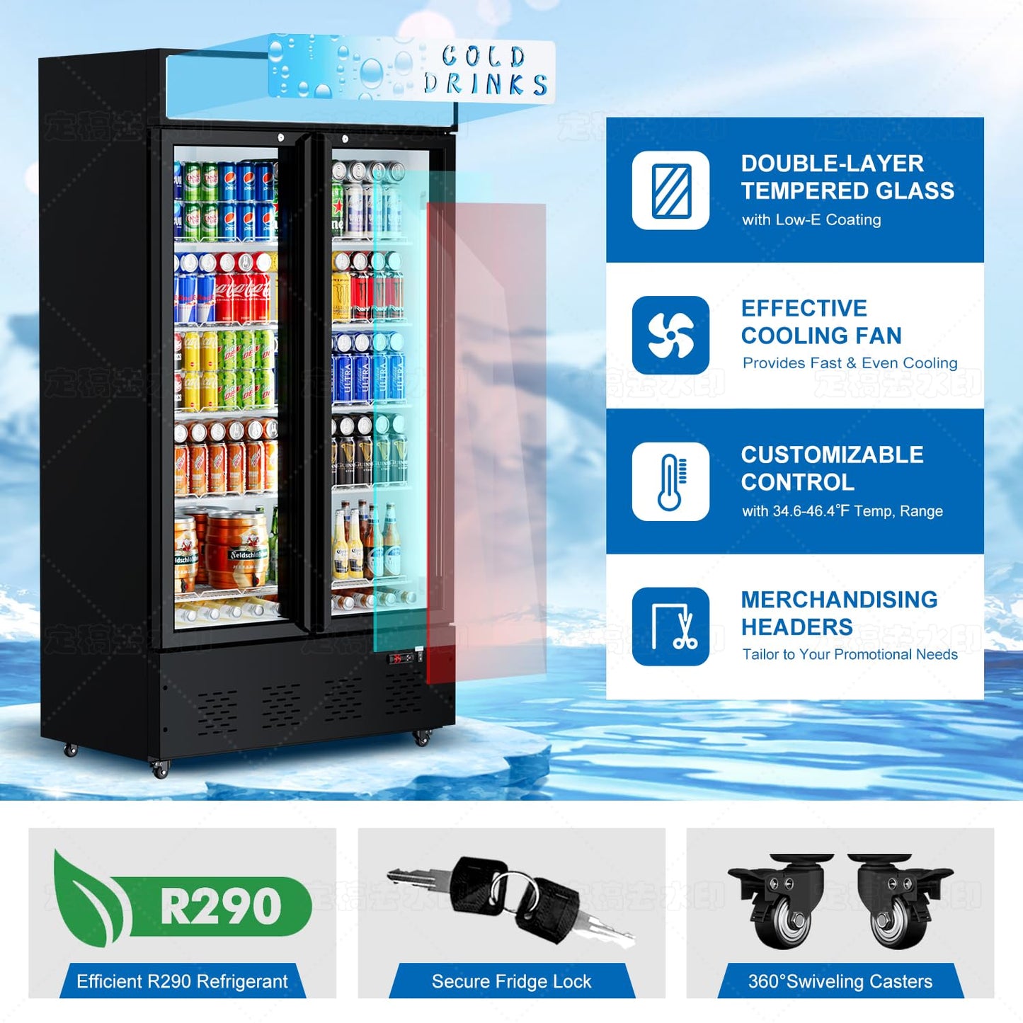 FreezLabs Commercial Display Refrigerator Glass Door 30 cu.ft Cooler Commercial Beverage Refrigerators with LED and 10 Shelves for Cafe, Restaurant, Store