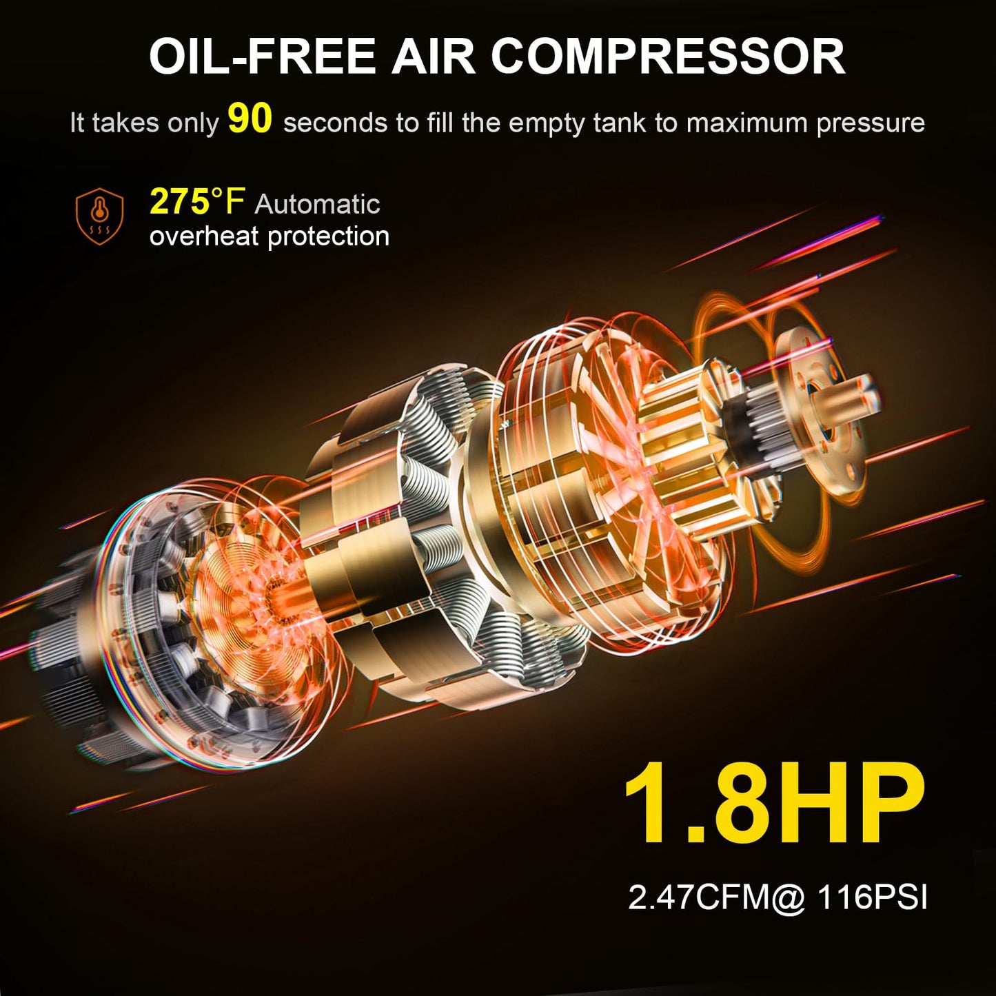 CIRONBOW 8 Gallon Ultra Quiet Air Compressor 70dB,1.8HP Oil Free 116 PSI, 2.47 CFM @ 90 PSI, Heavy Duty Portable with Wheels for Garage, Workshop, Nail Gun, Woodworking, Spray Painting, Tire Inflation