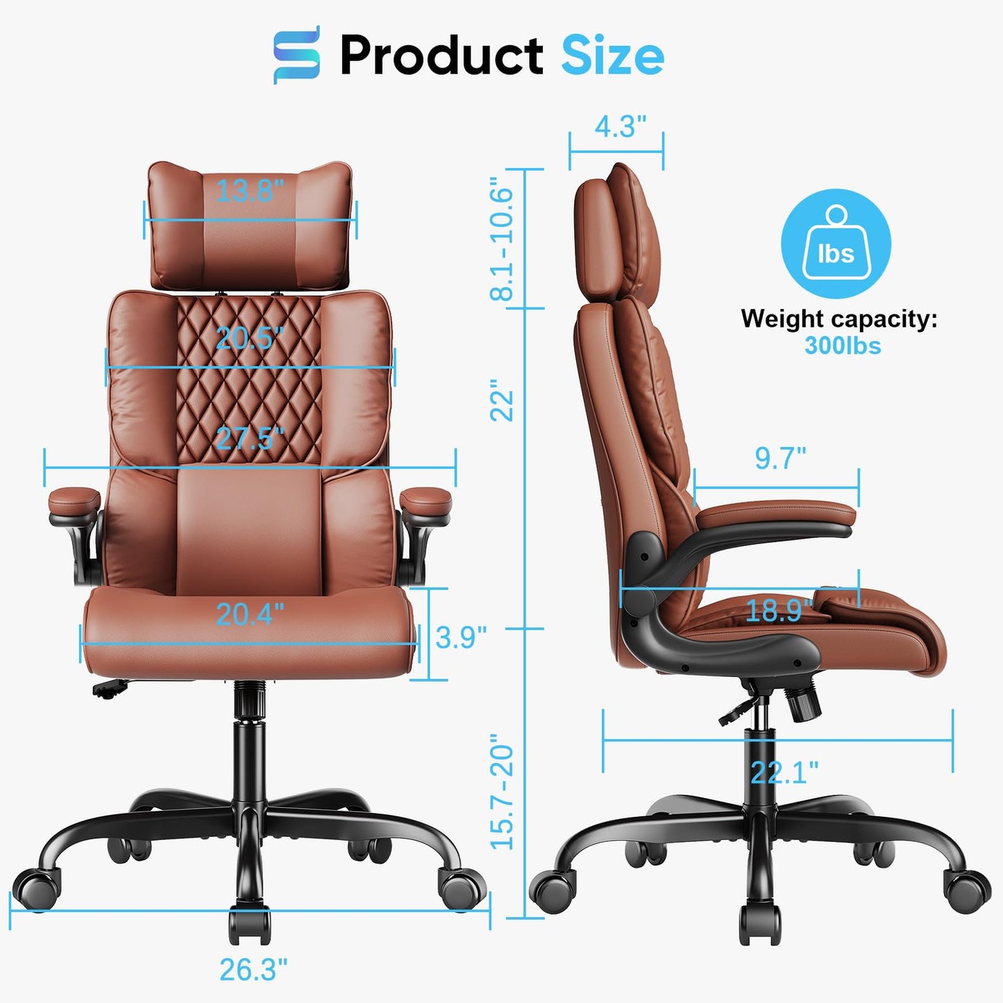 Sytas Ergonomic Office Chair with Adjustable Headrest, Executive Leather Desk Chair with Upgraded Lumbar Support for Lower Back Pain Relief, Thickened Backrest Computer Chair for Home Office, Brown