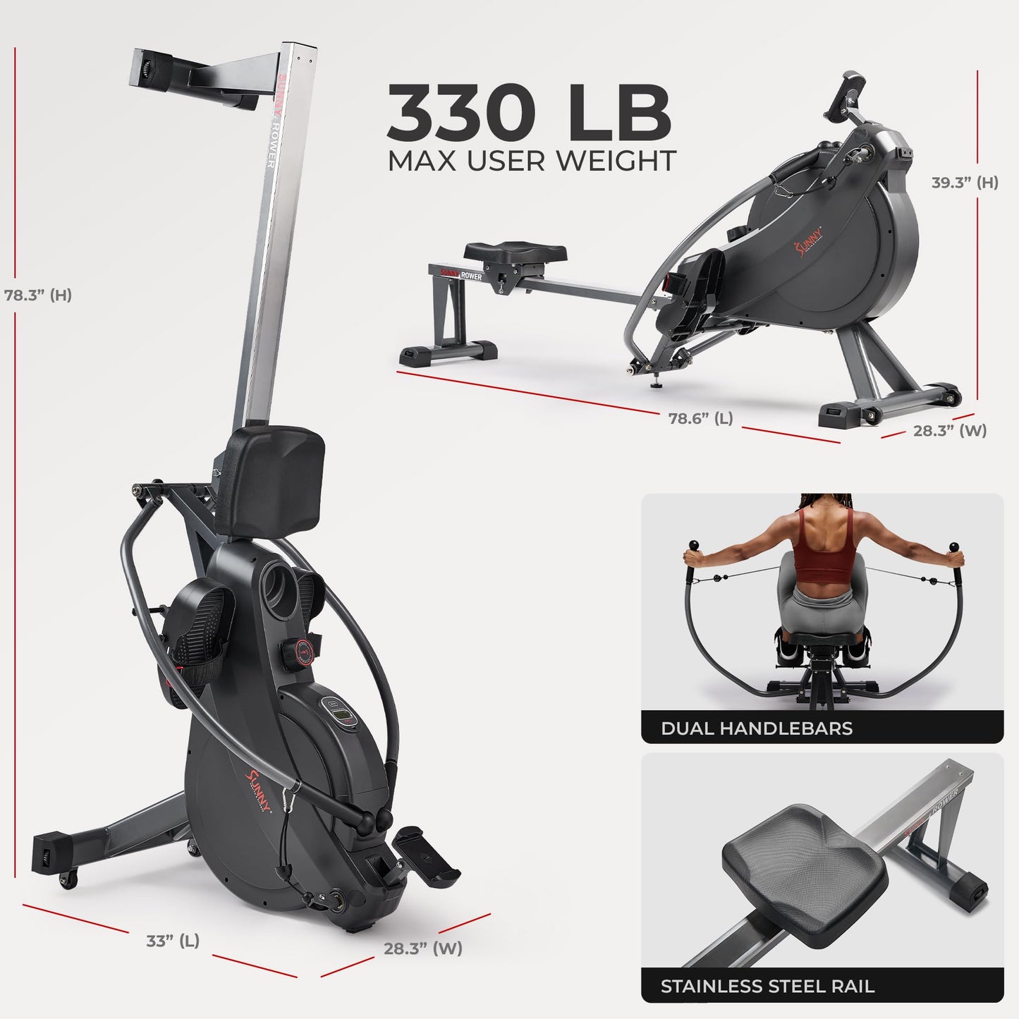 Sunny Health & Fitness Magnetic Rowing Machine with Extended Slide Rail, Full-Body Workout, Low-Impact, Innovative Full Motion or Premium Water Motion and Optional Exclusive Free SunnyFit App