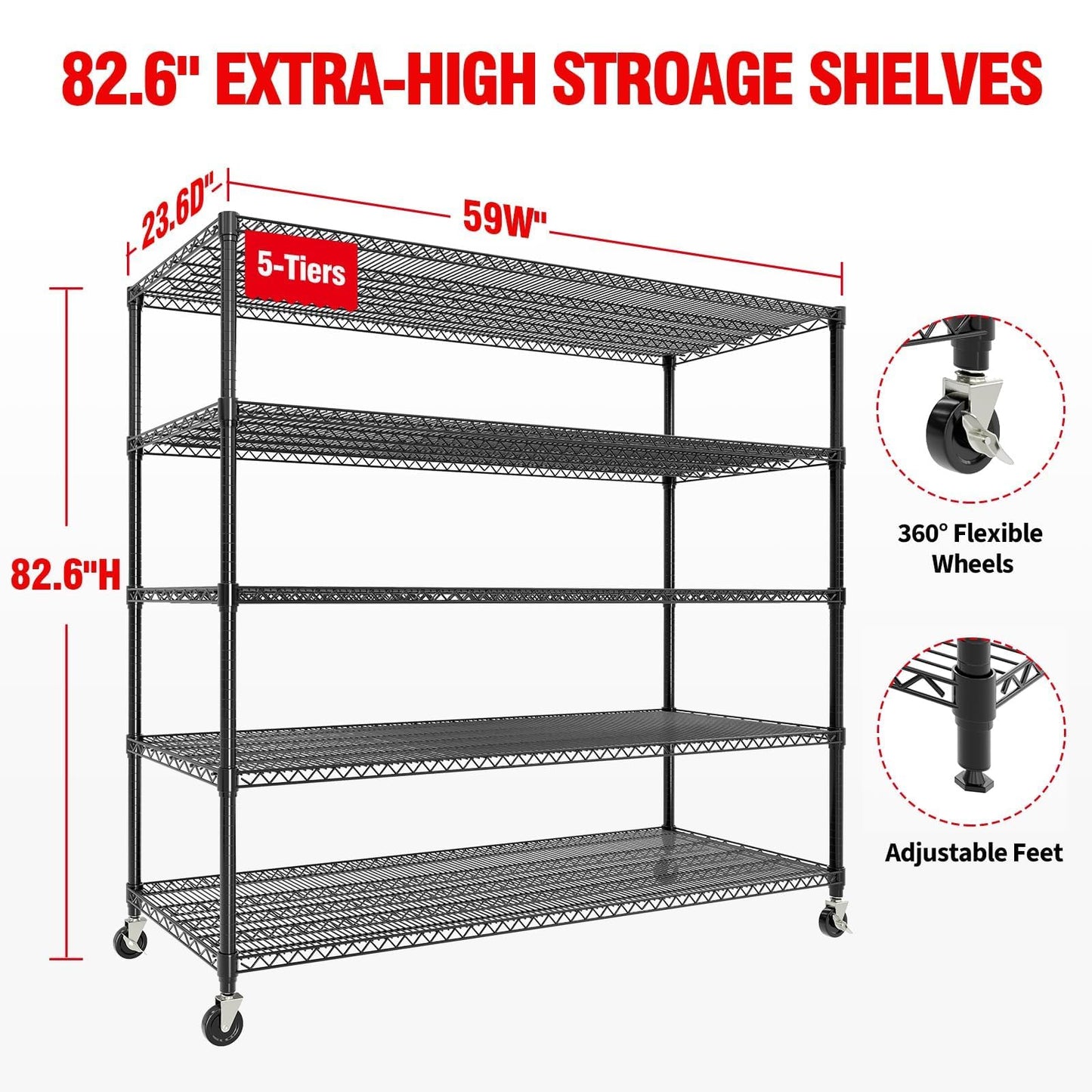 PeakPursuit 5-Tier Adjustable Steel Storage Rack on Wheels, 82.6" H x 59" W