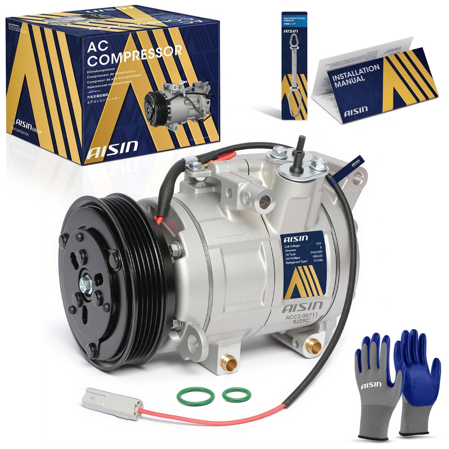 AISIN AFTERMARKET ACCZ-00711 Air Conditioner AC Compressor - Compatible with Mazda 3 2010-2013 2.0L, 3 Sport 2010-2013 2.0L - with 5-Pulley Groove, with Clutch