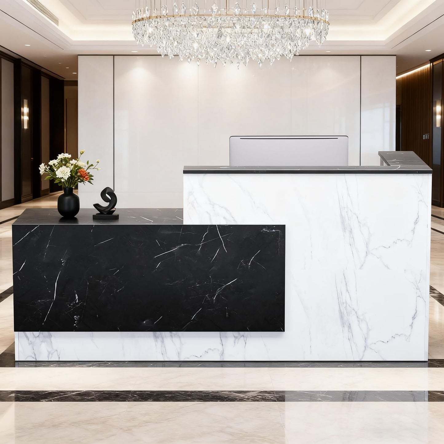 Exsunnyfit Reception Desk with Lockable Drawers, L-Shaped Large Wooden Modern Front Desk Reception Counter with Storage & Keyboard Tray, for Checkout/Lobby/Barber (Black/White Left, 71" L*42W*41H)