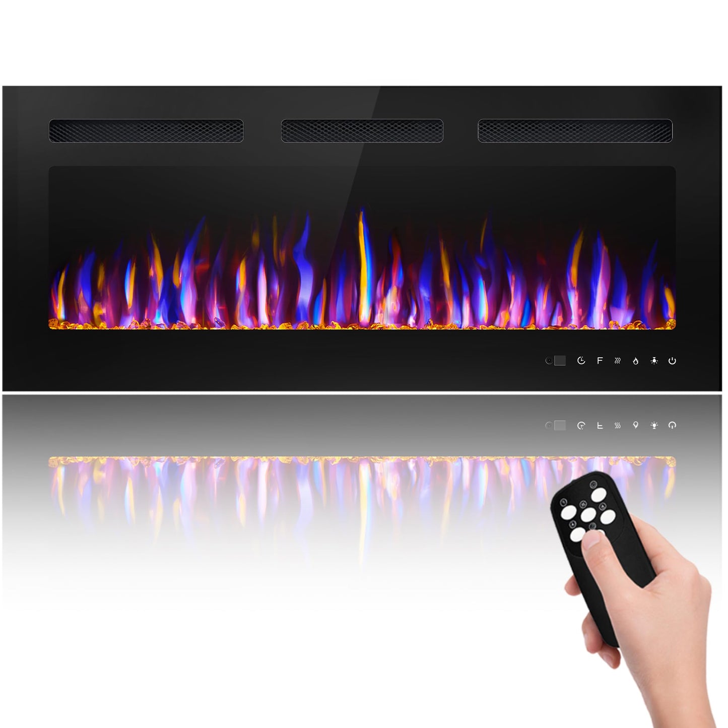 BETELNUT 40" Electric Fireplace Wall Mounted and Recessed with Remote Control, 750/1500W Ultra-Thin Wall Fireplace Heater W/Timer Adjustable Flame Color and Brightness, Log Set & Crystal Options